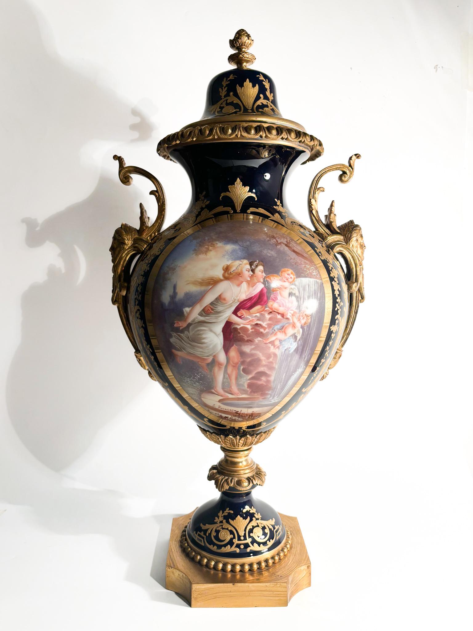 Mid-20th Century Sèvres Porcelain Vase Painted by E. Baurens and Bronze Mount from the 1940s For Sale