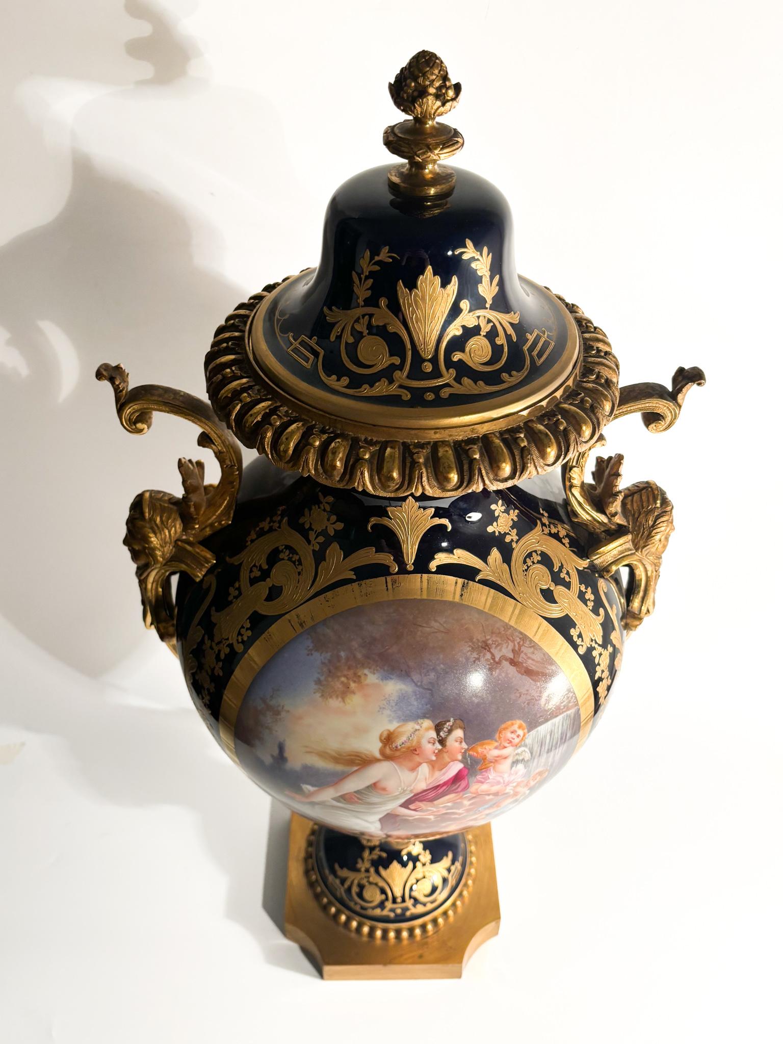 Sèvres Porcelain Vase Painted by E. Baurens and Bronze Mount from the 1940s For Sale 1
