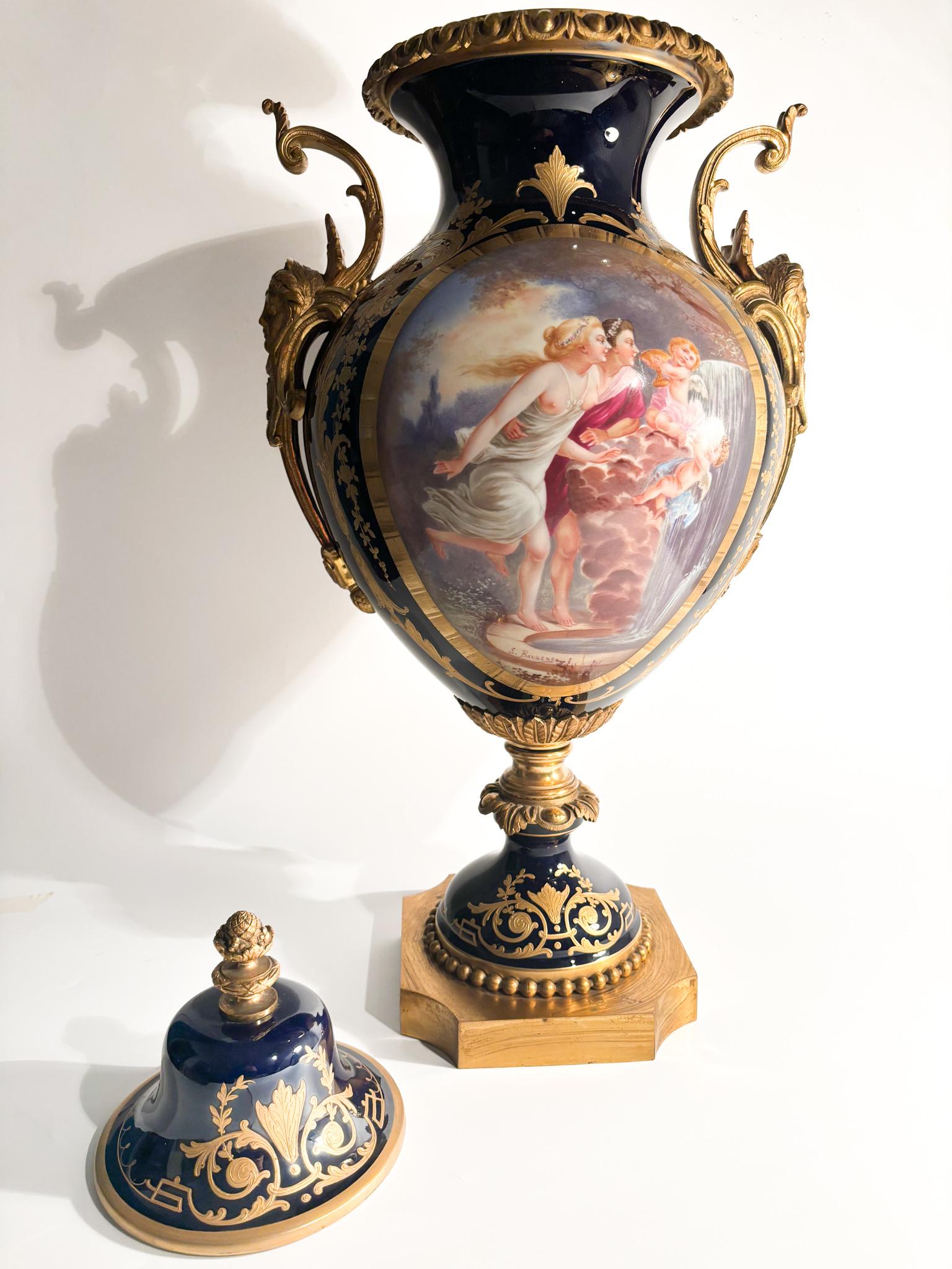 Sèvres Porcelain Vase Painted by E. Baurens and Bronze Mount from the 1940s For Sale 3