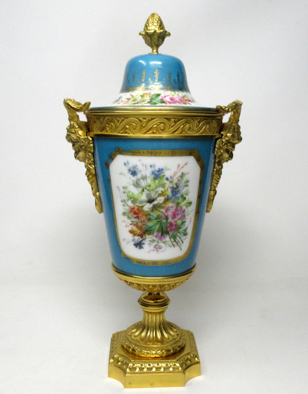 Late Victorian Sèvres Porcelain Watteau Scene Ormolu Bronze Celiste Blue Urn Vase 19th Century