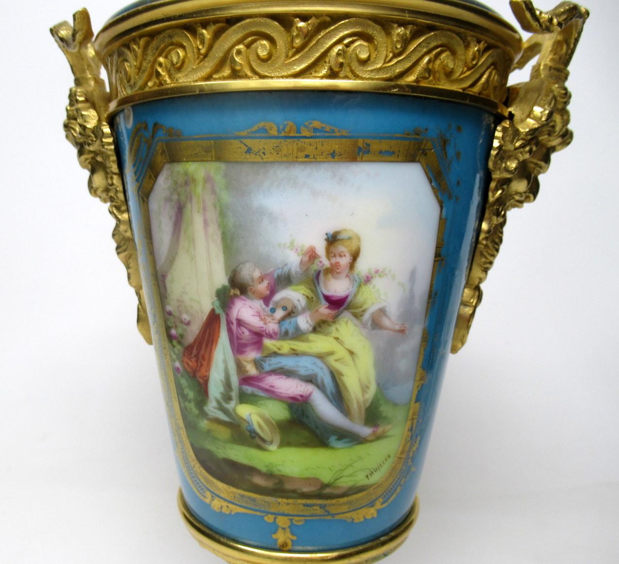 French Sèvres Porcelain Watteau Scene Ormolu Bronze Celiste Blue Urn Vase 19th Century