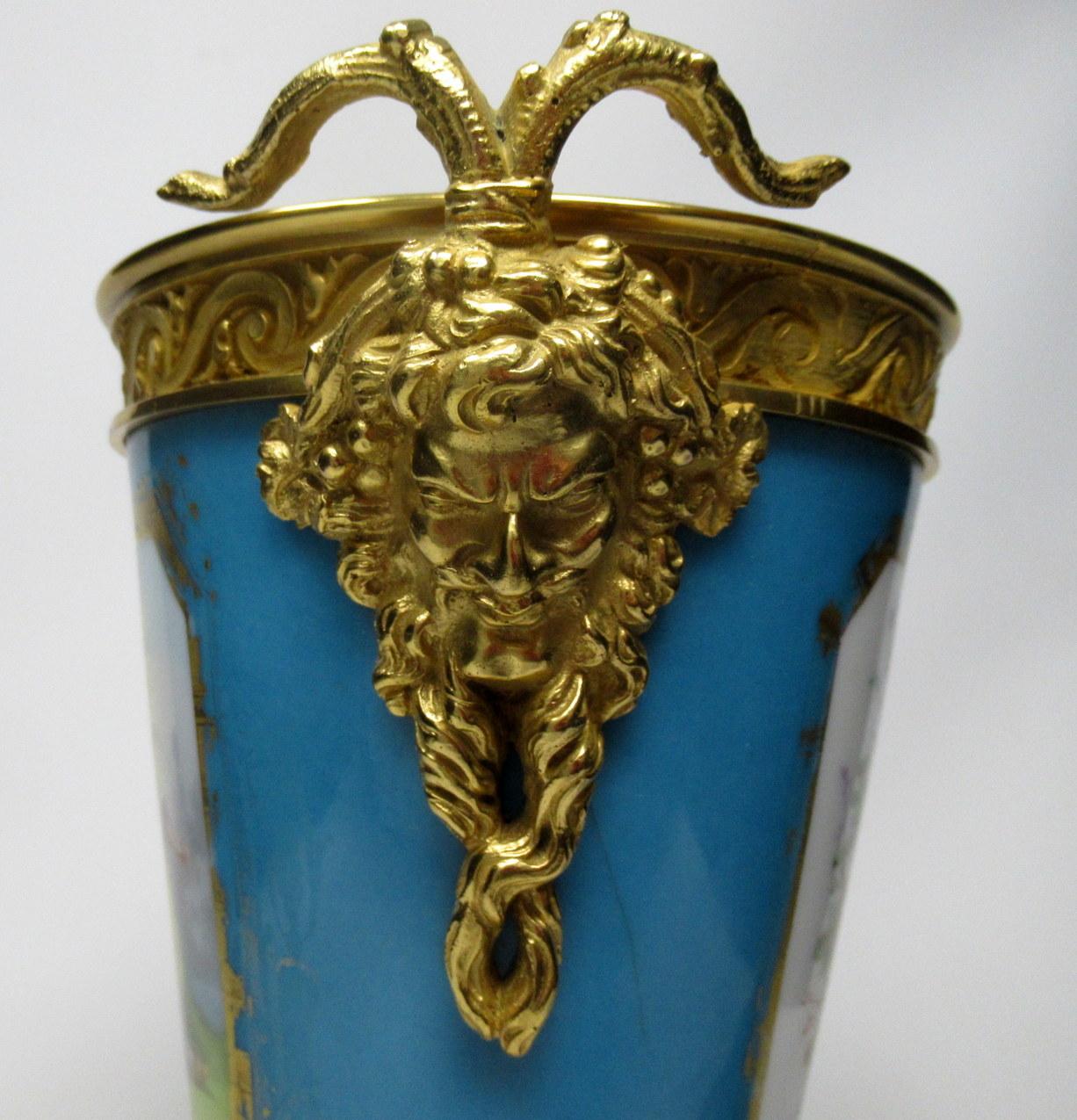 Ceramic Sèvres Porcelain Watteau Scene Ormolu Bronze Celiste Blue Urn Vase 19th Century