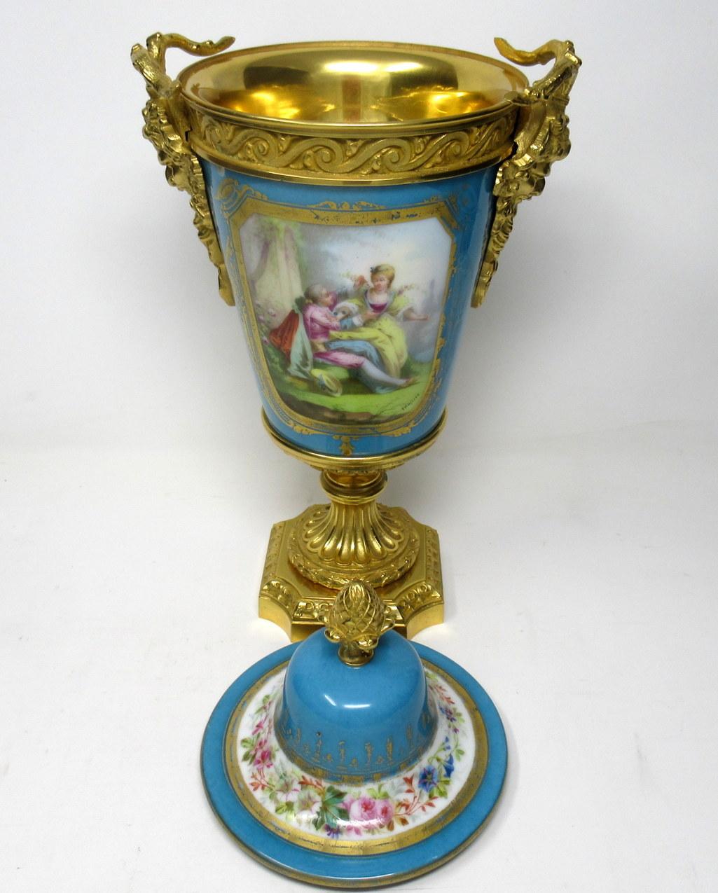 Sèvres Porcelain Watteau Scene Ormolu Bronze Celiste Blue Urn Vase 19th Century 1