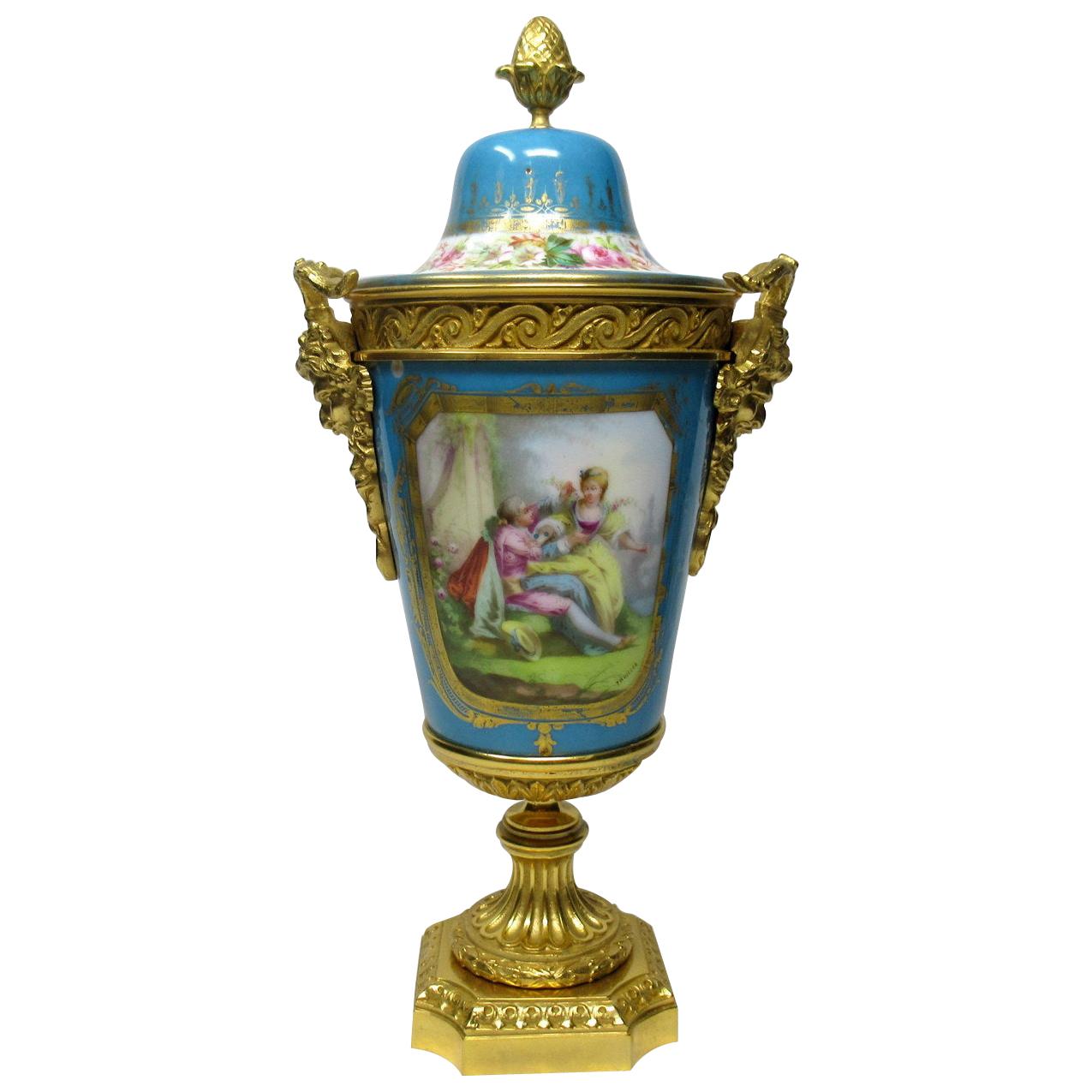Sèvres Porcelain Watteau Scene Ormolu Bronze Celiste Blue Urn Vase 19th Century