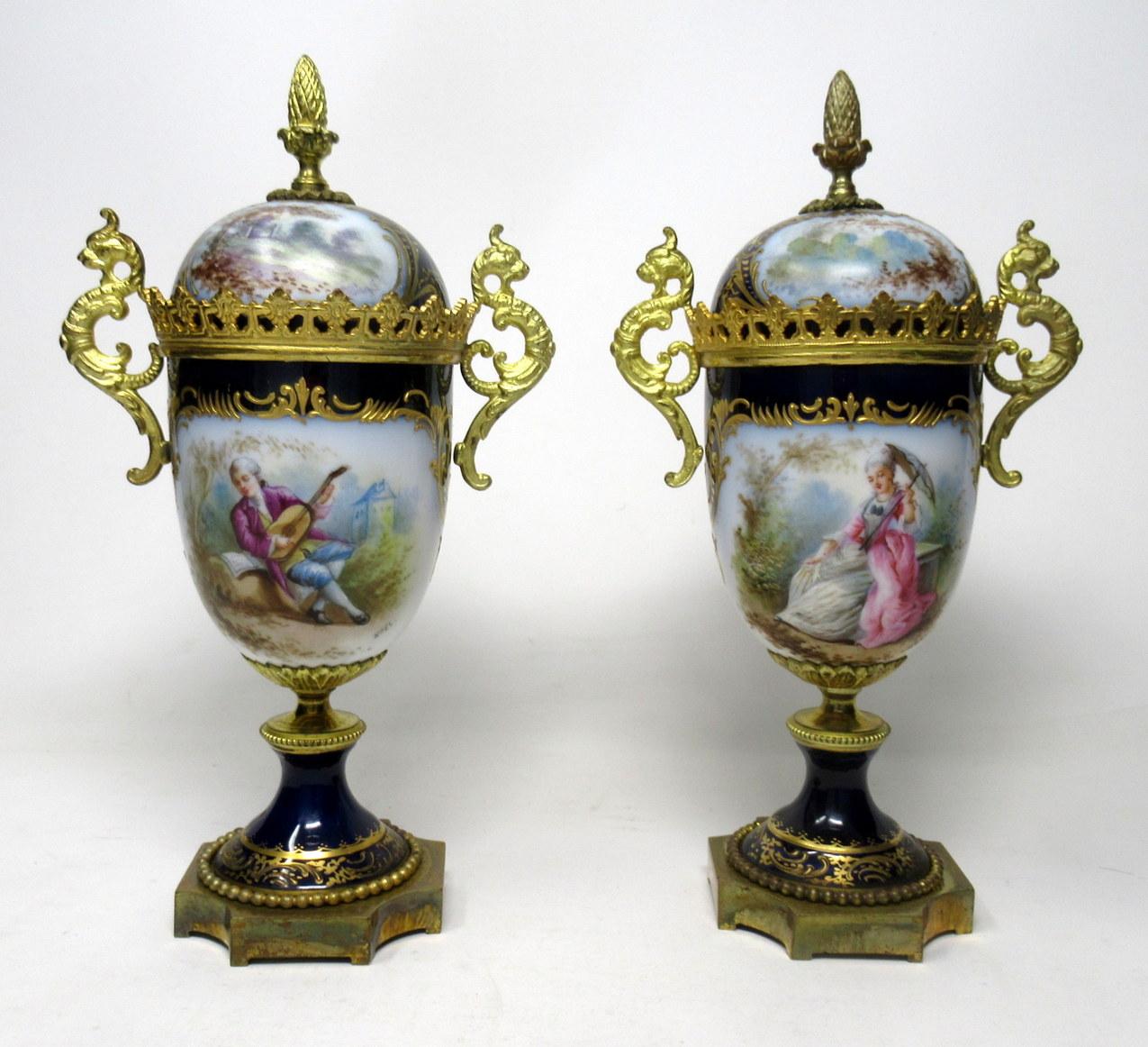 Late Victorian Sèvres Porcelain Watteau Scene Ormolu Cobalt Blue Urns Vases 19th Century, Pair