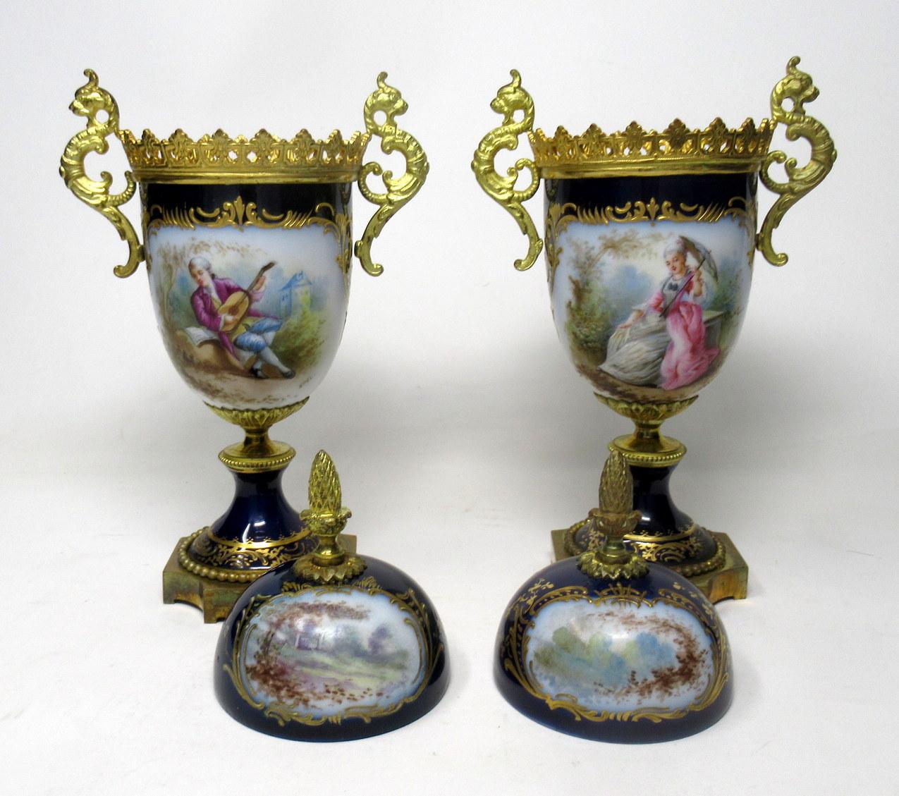 French Sèvres Porcelain Watteau Scene Ormolu Cobalt Blue Urns Vases 19th Century, Pair