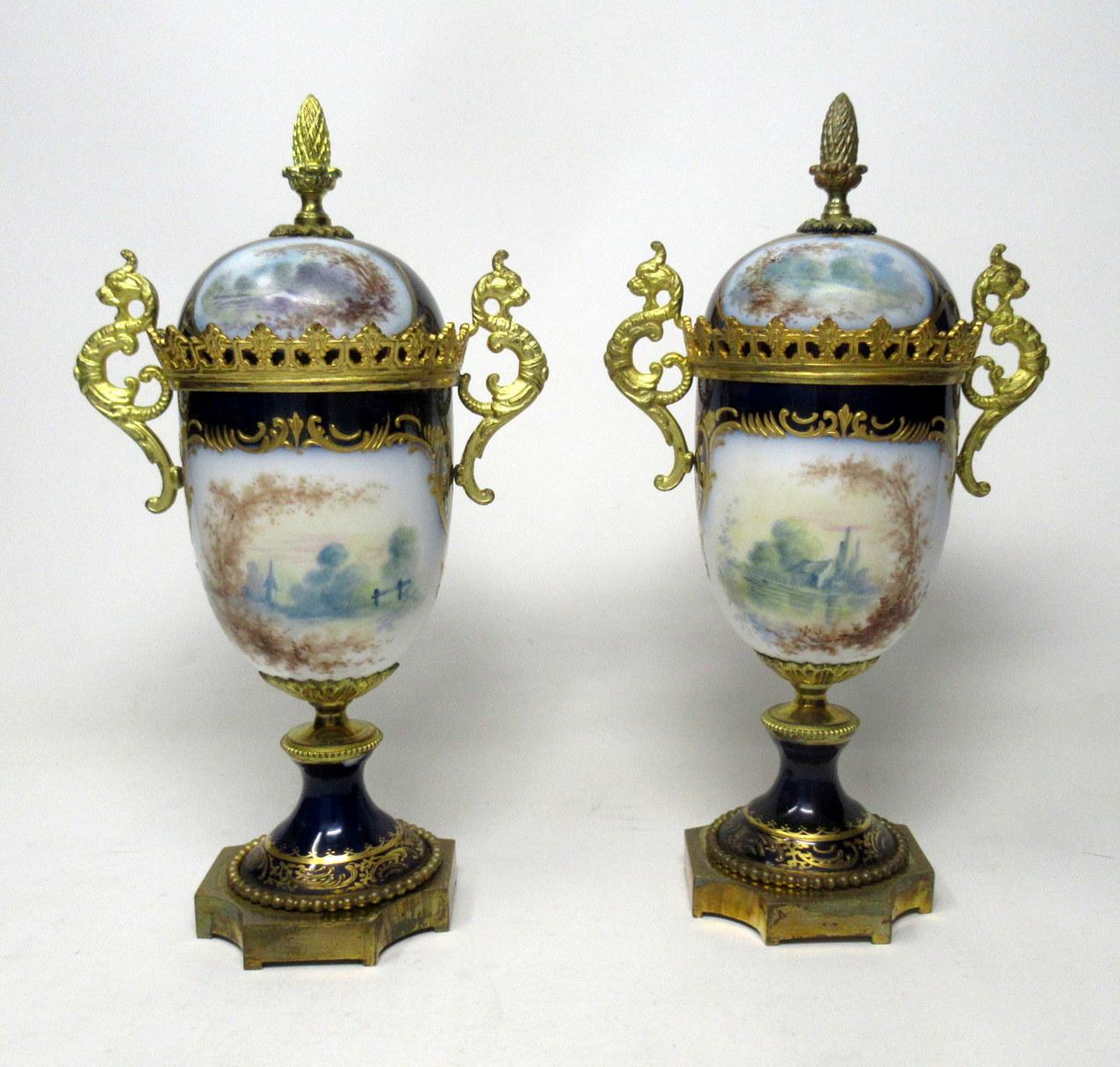 Sèvres Porcelain Watteau Scene Ormolu Cobalt Blue Urns Vases 19th Century, Pair In Good Condition In Dublin, Ireland