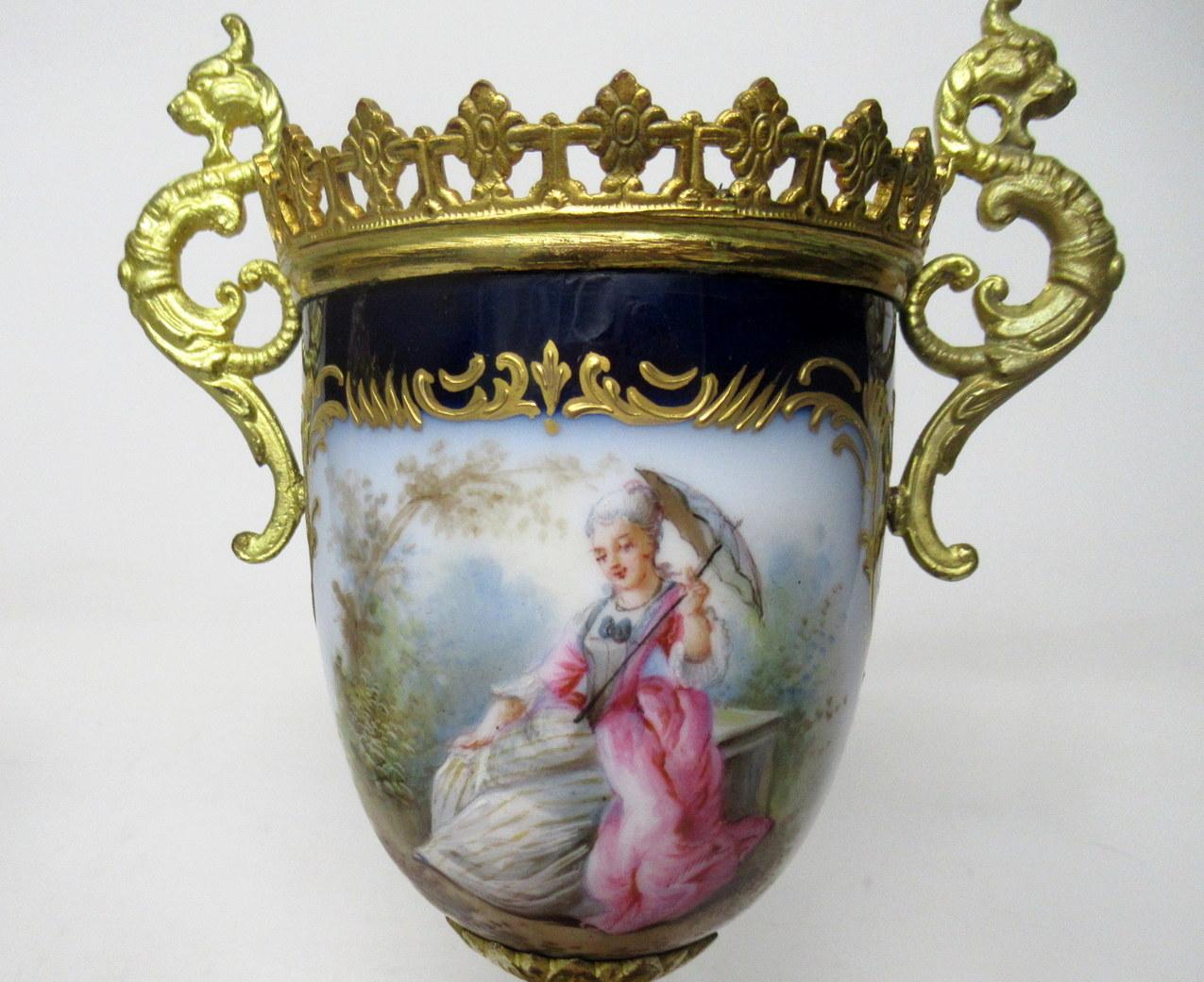 Ceramic Sèvres Porcelain Watteau Scene Ormolu Cobalt Blue Urns Vases 19th Century, Pair