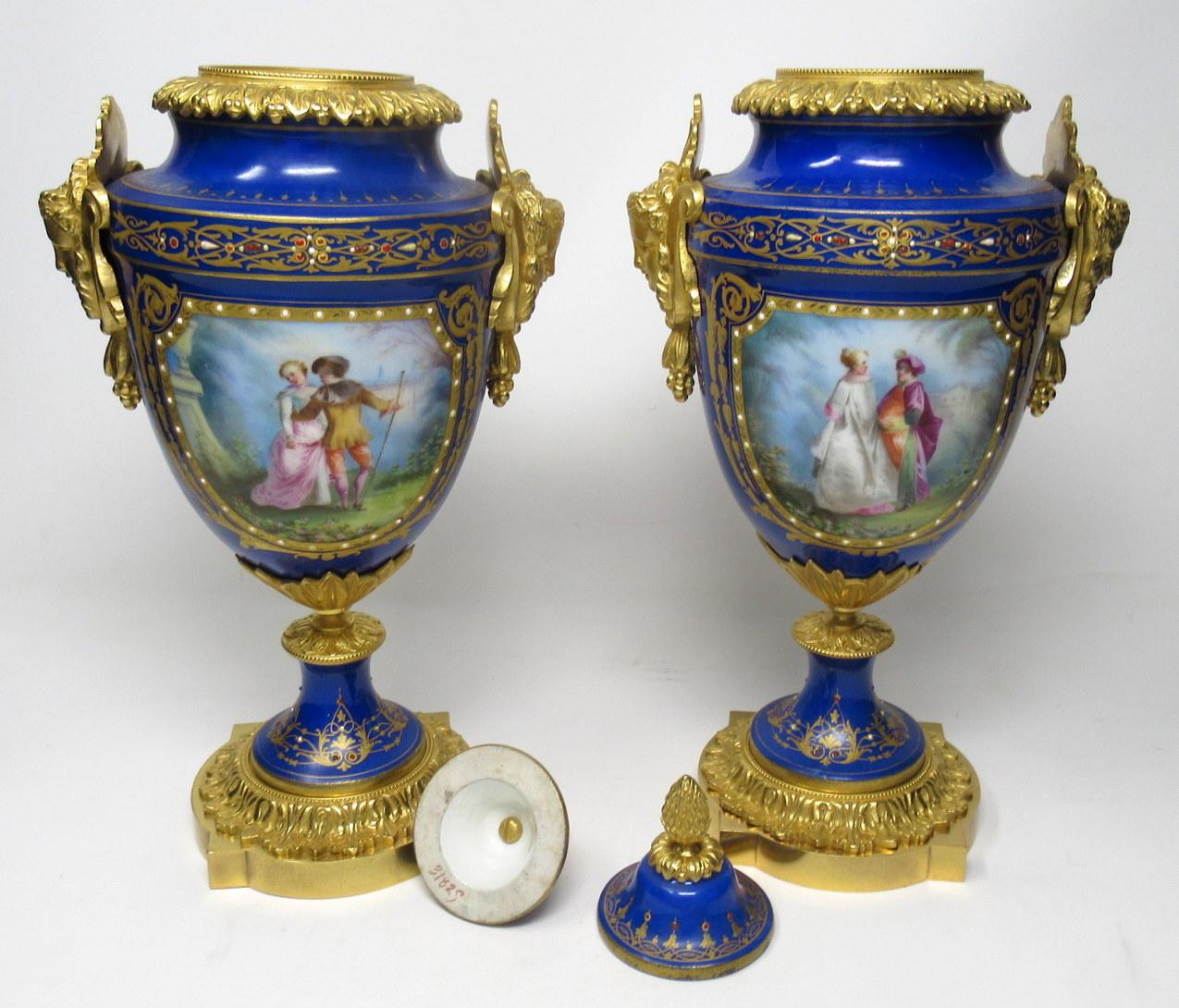 Sèvres Porcelain Watteau Scene Ormolu Cobalt Blue Urns Vases 19th Century, Pair In Good Condition In Dublin, Ireland
