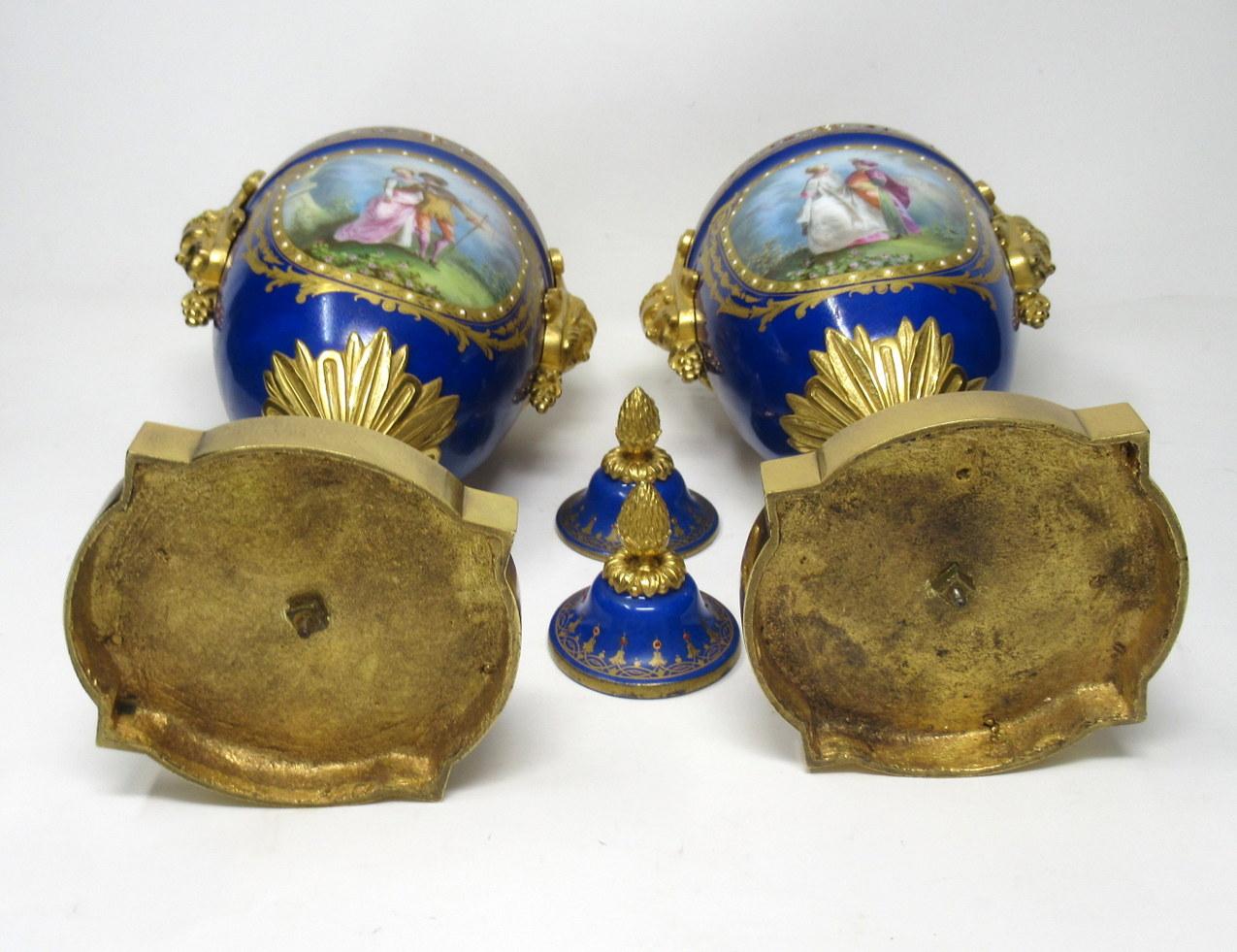 Ceramic Sèvres Porcelain Watteau Scene Ormolu Cobalt Blue Urns Vases 19th Century, Pair