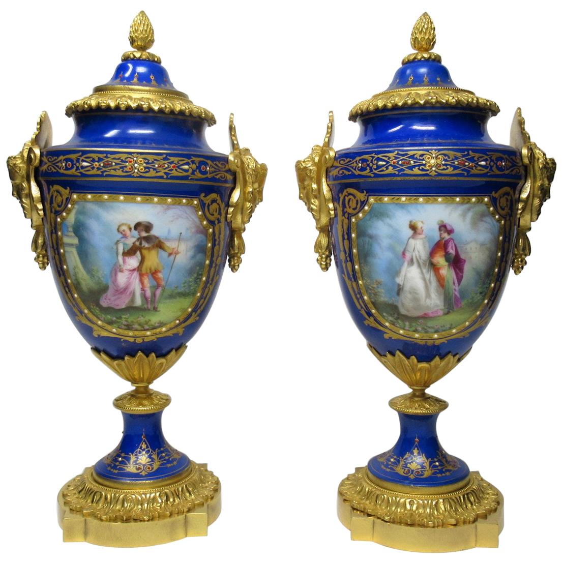 Sèvres Porcelain Watteau Scene Ormolu Cobalt Blue Urns Vases 19th Century, Pair