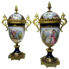Sèvres Porcelain Watteau Scene Ormolu Cobalt Blue Urns Vases 19th Century, Pair