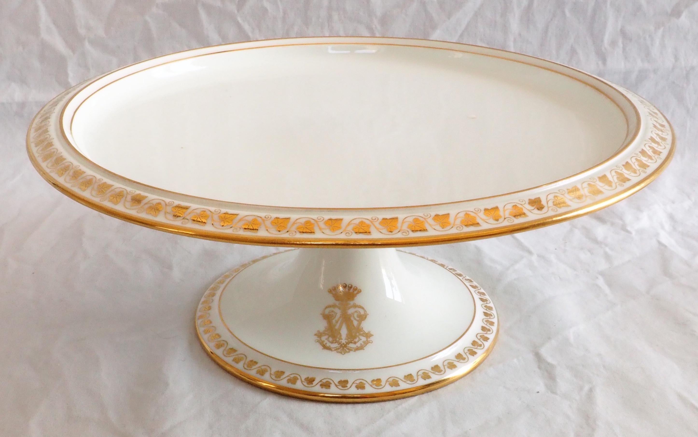 Restauration Sevres porcelain serving dish / plate - gilt, signed, dated 1879, crown of Count