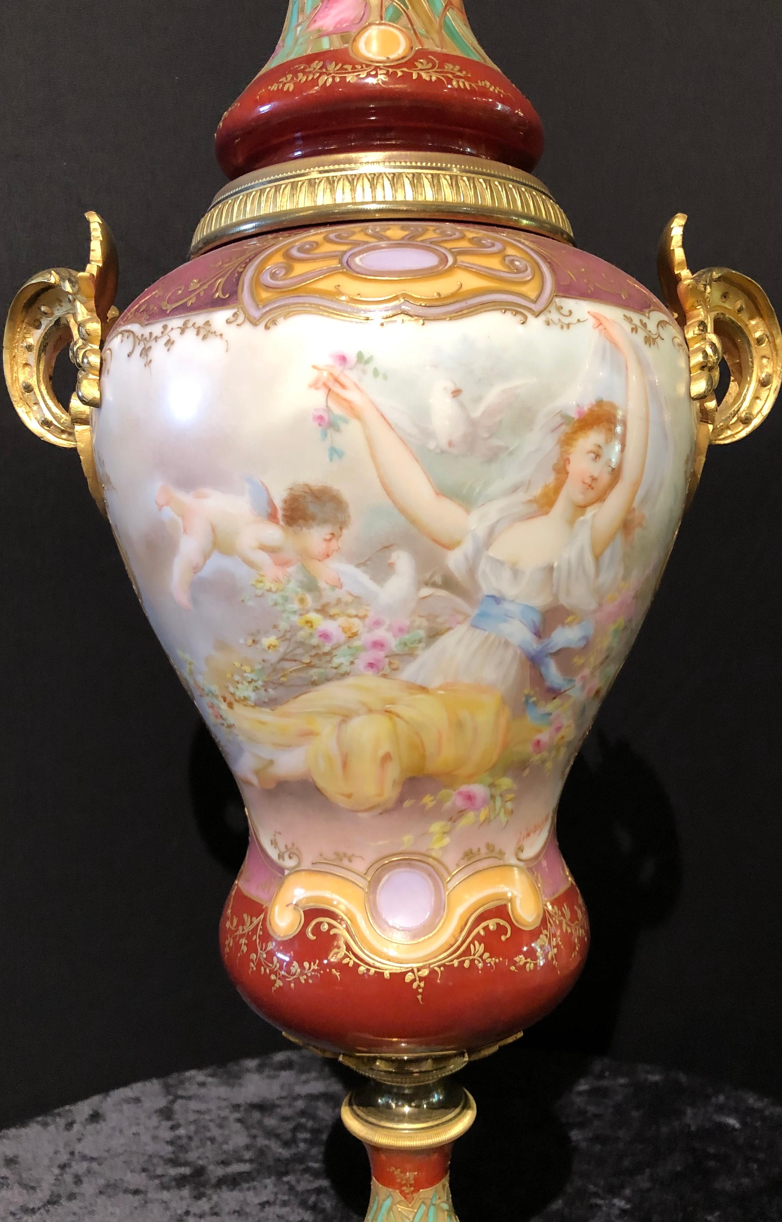 Belle Époque Sevres Spinning Urn Vase Having a Maiden & Cherub Painting Signed Lingaand For Sale
