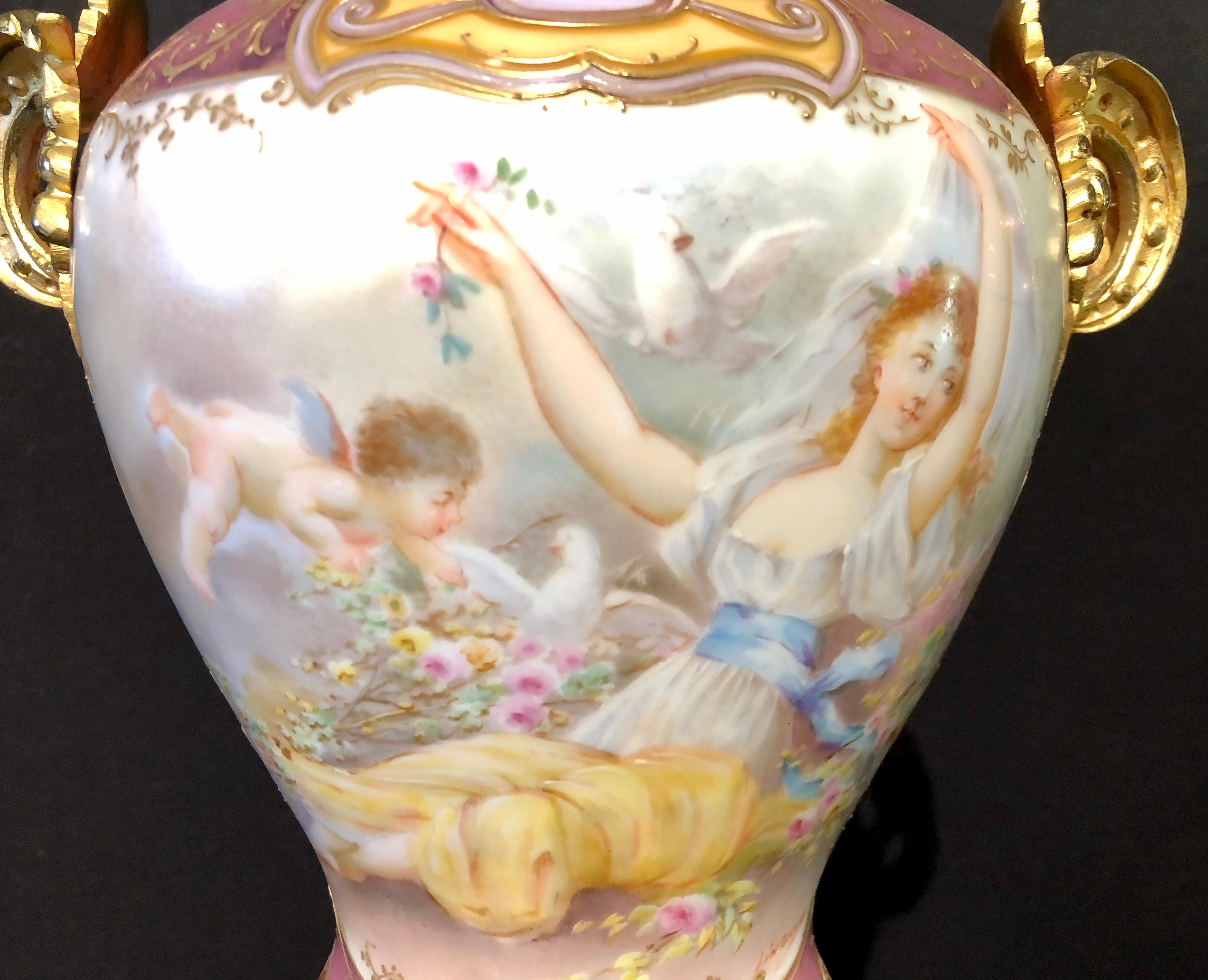 French Sevres Spinning Urn Vase Having a Maiden & Cherub Painting Signed Lingaand For Sale