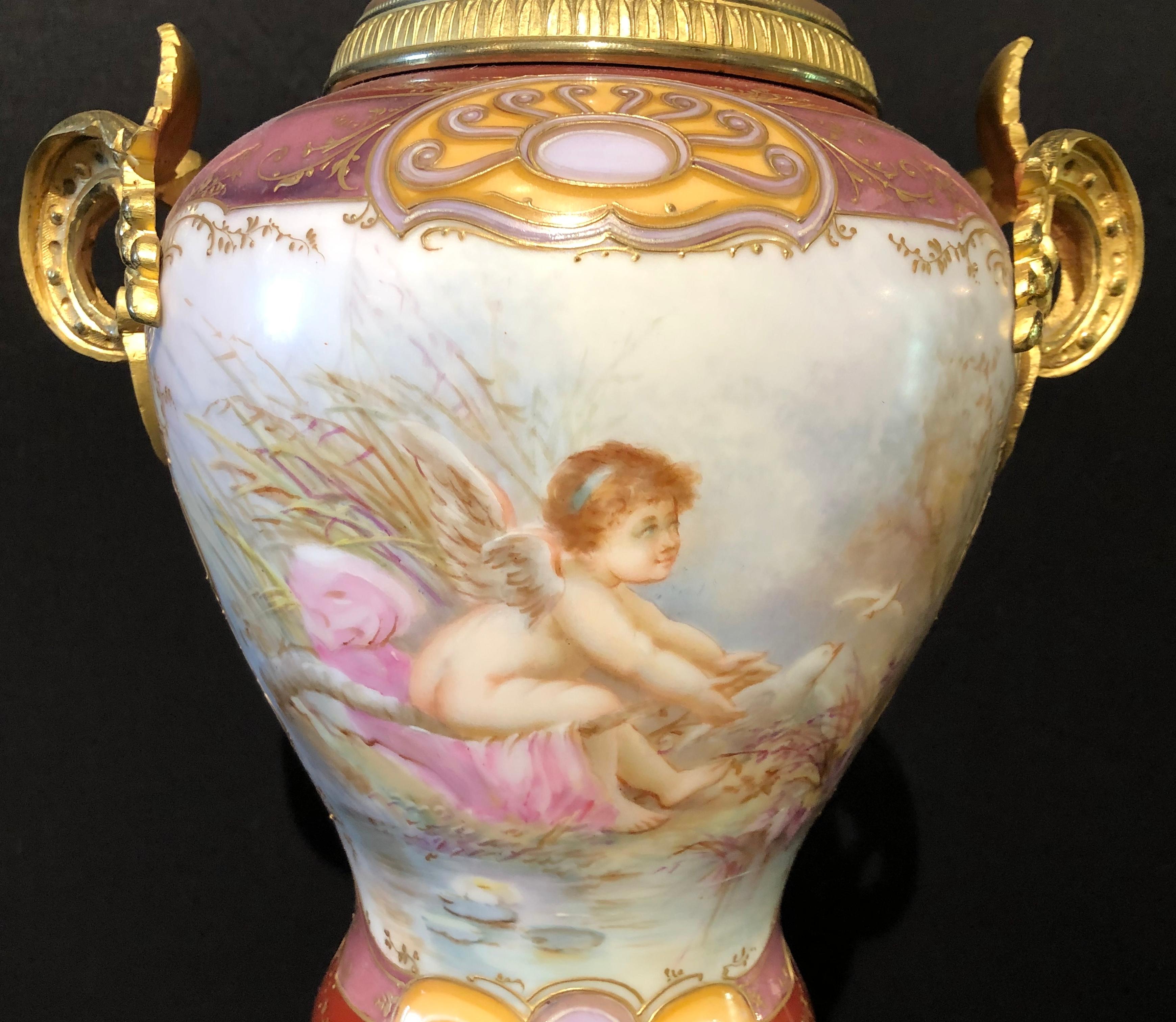 Bronze Sevres Spinning Urn Vase Having a Maiden & Cherub Painting Signed Lingaand For Sale