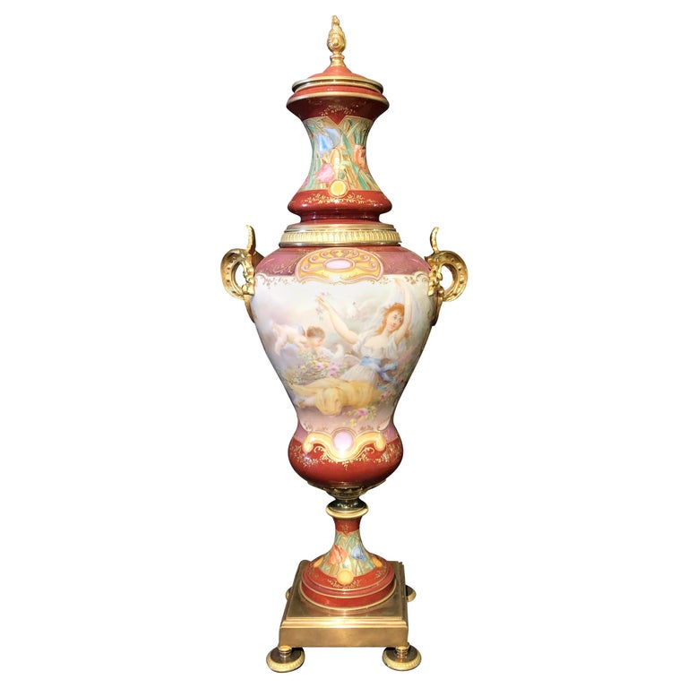 Sevres Spinning Urn Vase Having a Maiden and Cherub Painting Signed  Lingaand For Sale at 1stDibs