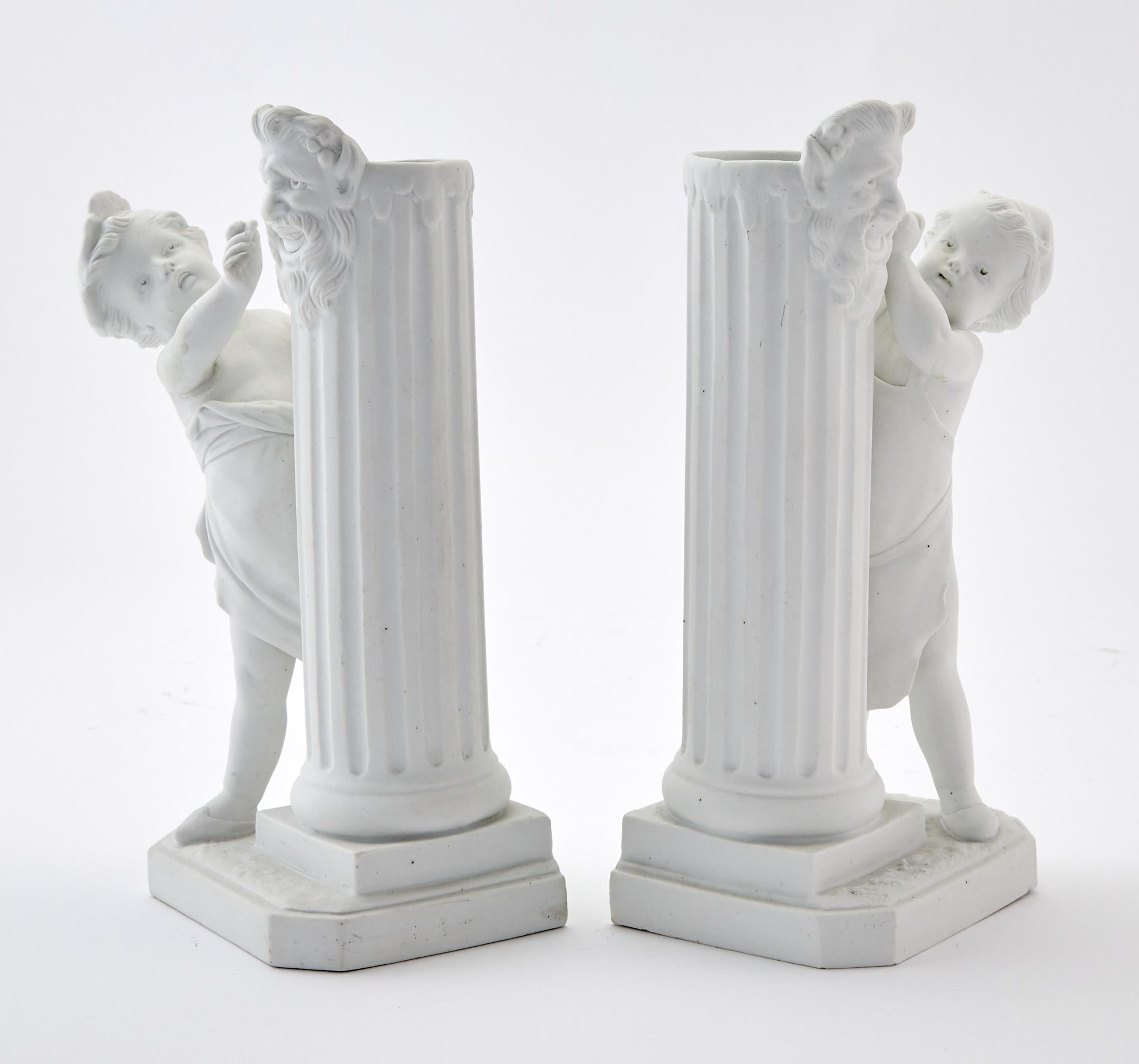 Hand-Crafted Sevres Style Bisque Porcelain Decorative Figural Pair Vases For Sale