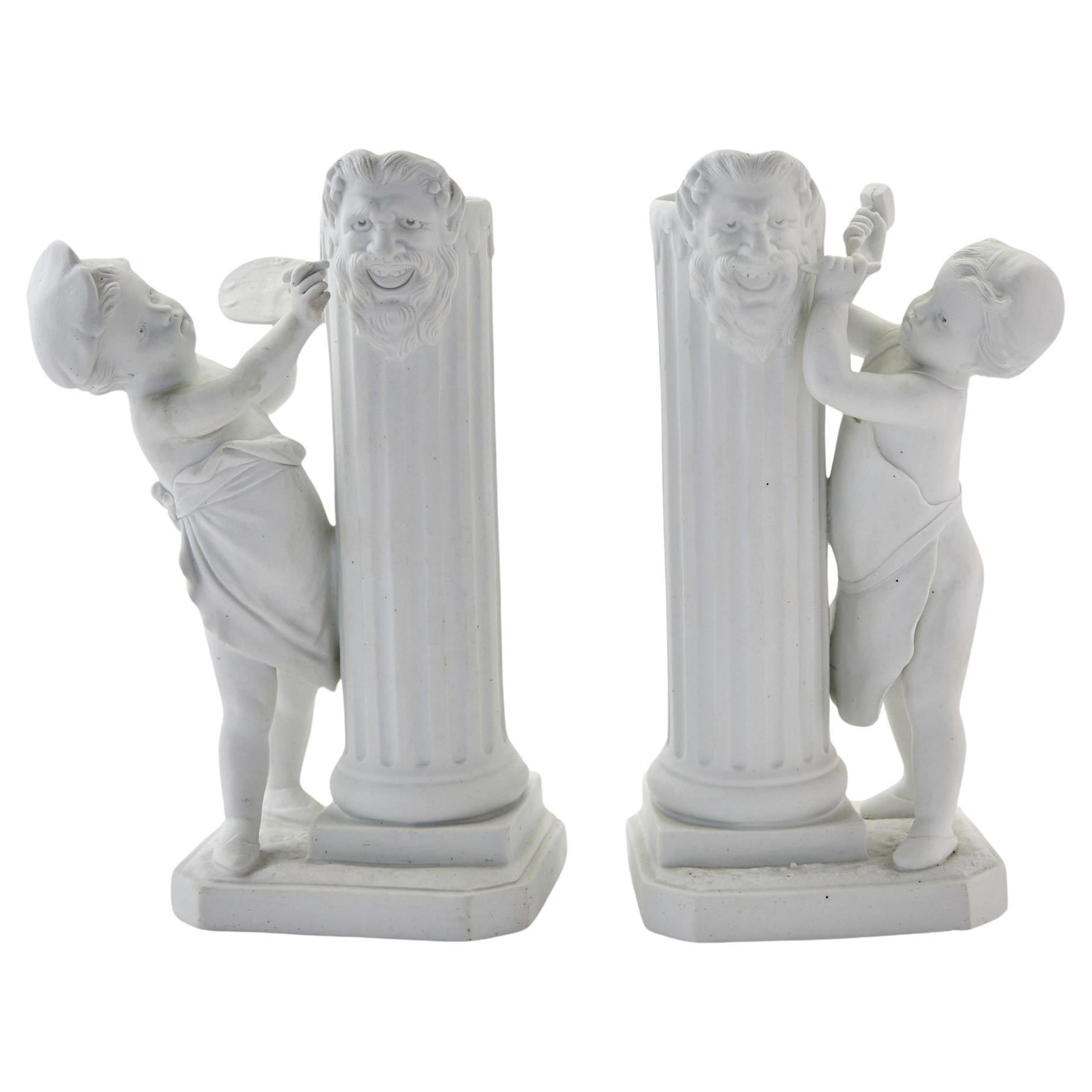 Sevres Style Bisque Porcelain Decorative Figural Pair Vases For Sale