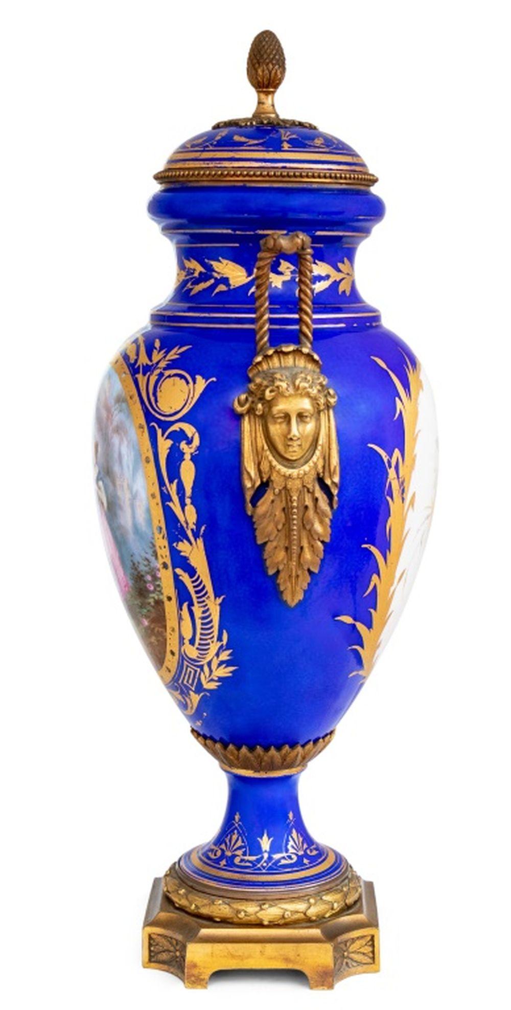 Neoclassical Sevres Style Blue Ground Porcelain Covered Vase For Sale