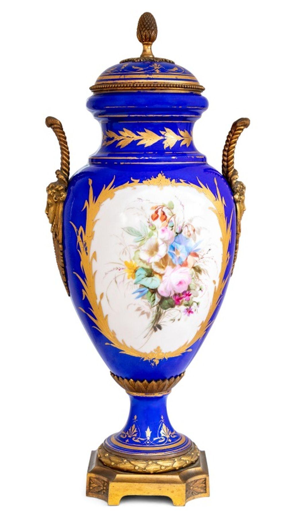 French Sevres Style Blue Ground Porcelain Covered Vase For Sale