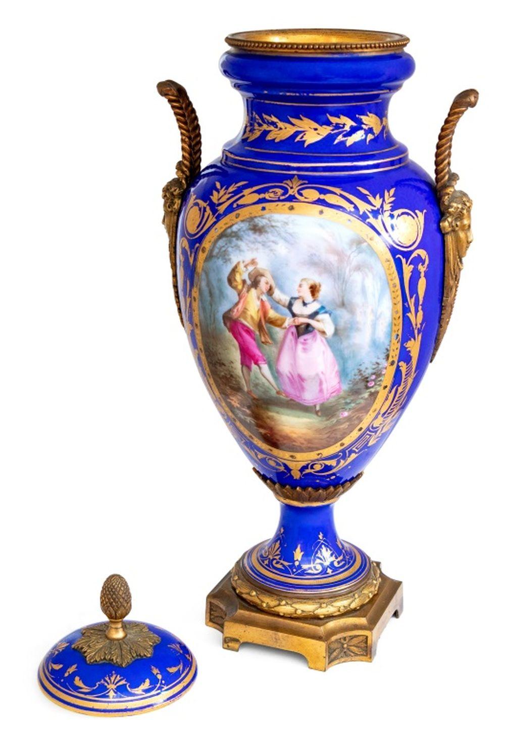 Gilt Sevres Style Blue Ground Porcelain Covered Vase For Sale