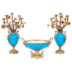 Sevres Style Bronze Mounted Turquoise Porcelain Centerpiece and Candelabra