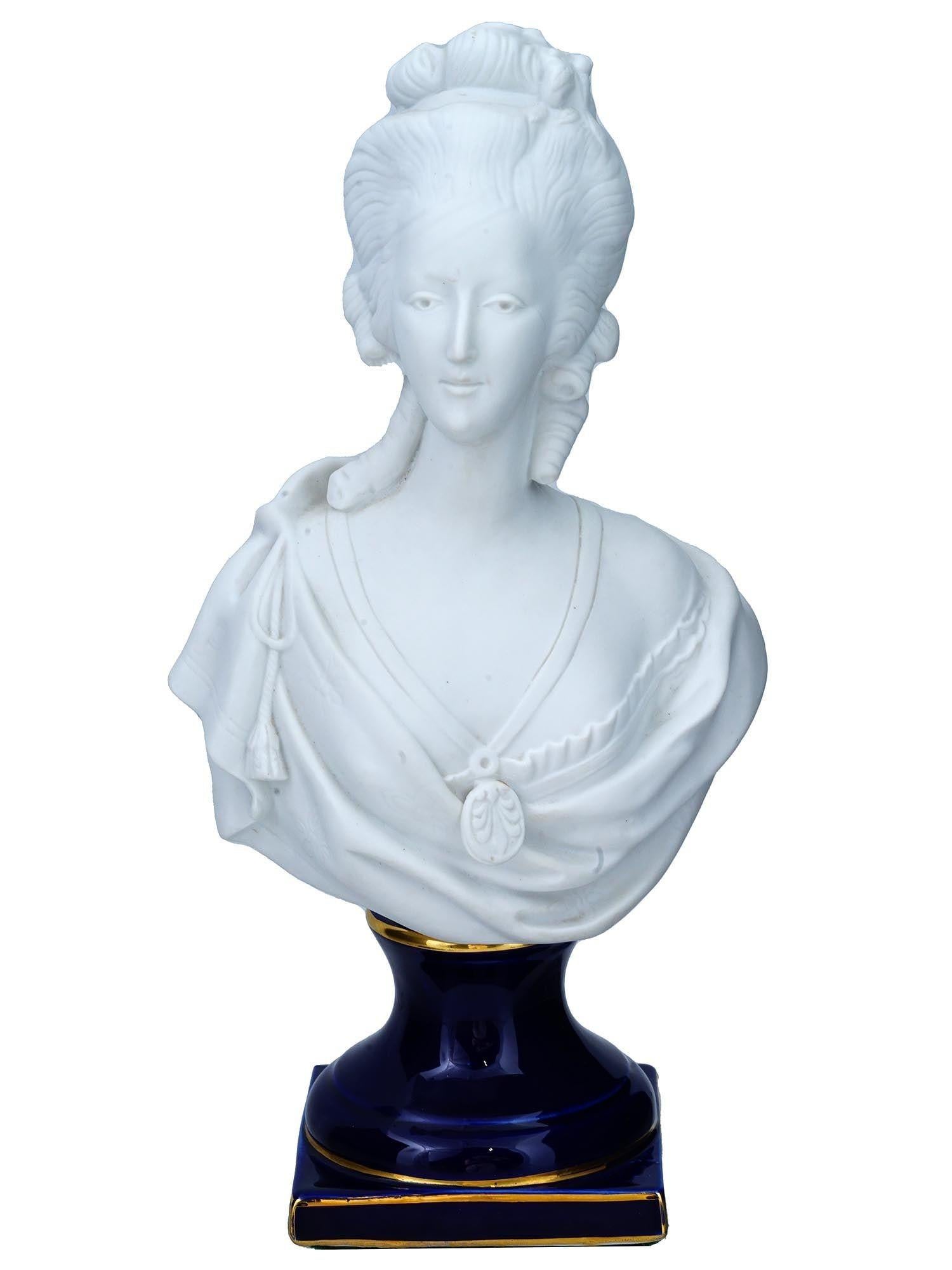 Gilt Sevres Style Cobalt Blue and Bisque Porcelain Bust of Marie Antoinette For Sale