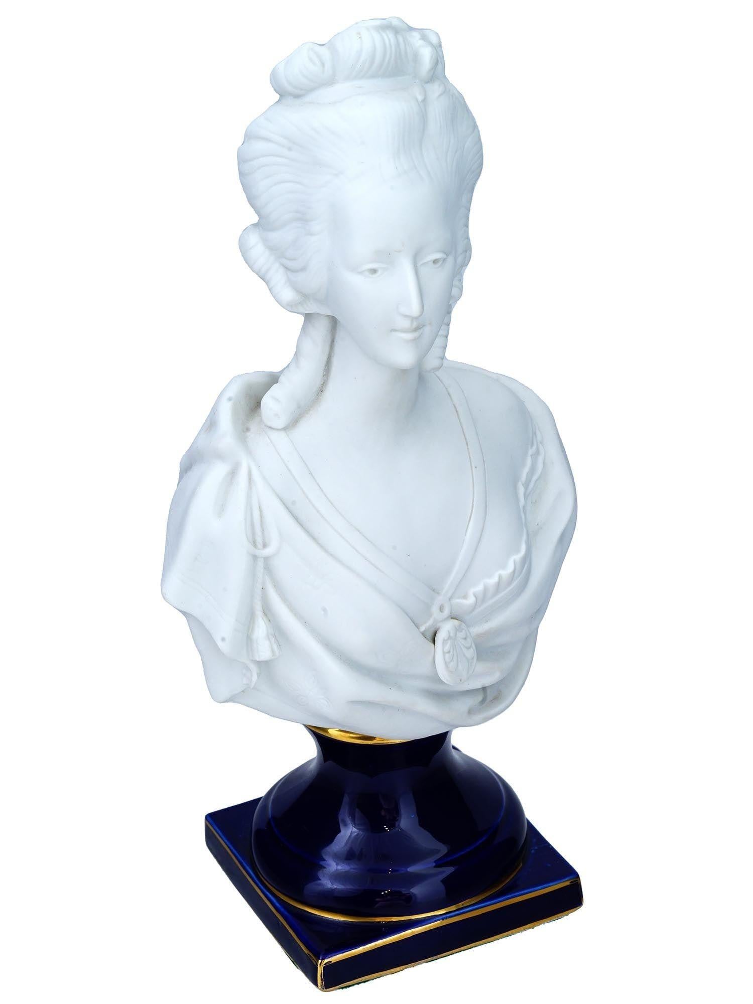Sevres Style Cobalt Blue and Bisque Porcelain Bust of Marie Antoinette In Good Condition For Sale In New York, NY