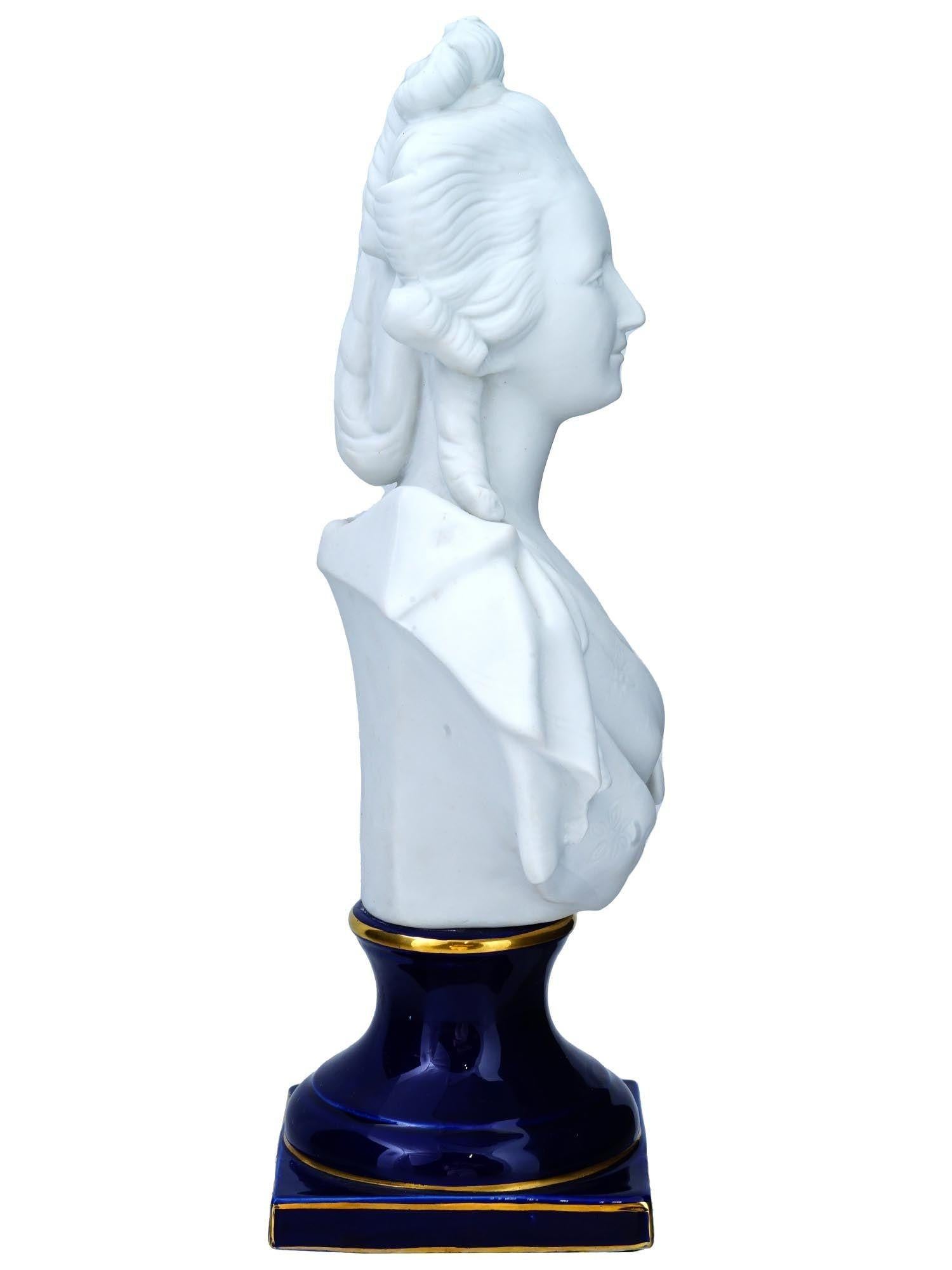 Sevres Style Cobalt Blue and Bisque Porcelain Bust of Marie Antoinette For Sale 1
