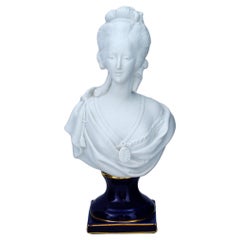 Vintage Sevres Style Cobalt Blue and Bisque Porcelain Bust of Marie Antoinette