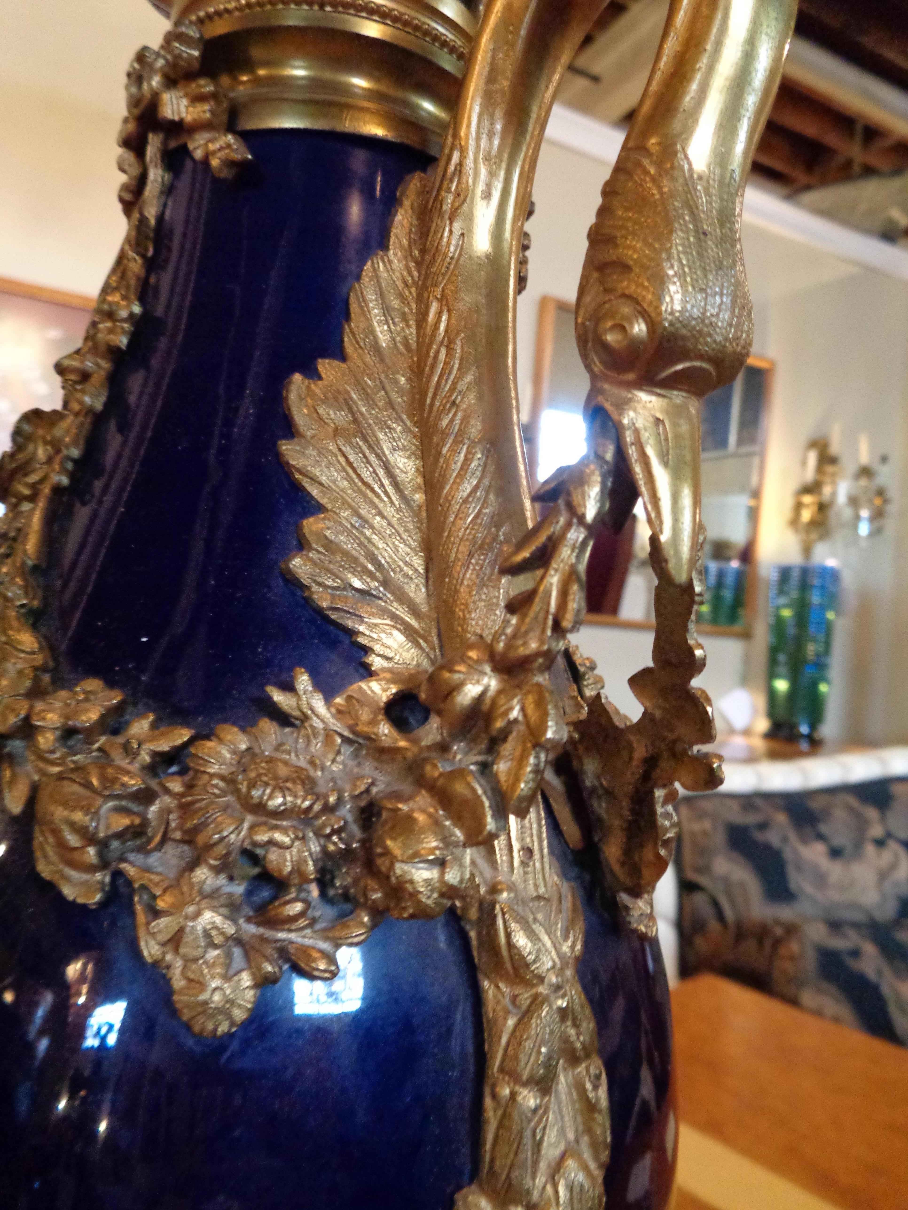 Sevres Style Cobalt Blue Porcelain & Bronze Swan Handle Urn Mounted as a Lamp In Good Condition For Sale In Stamford, CT