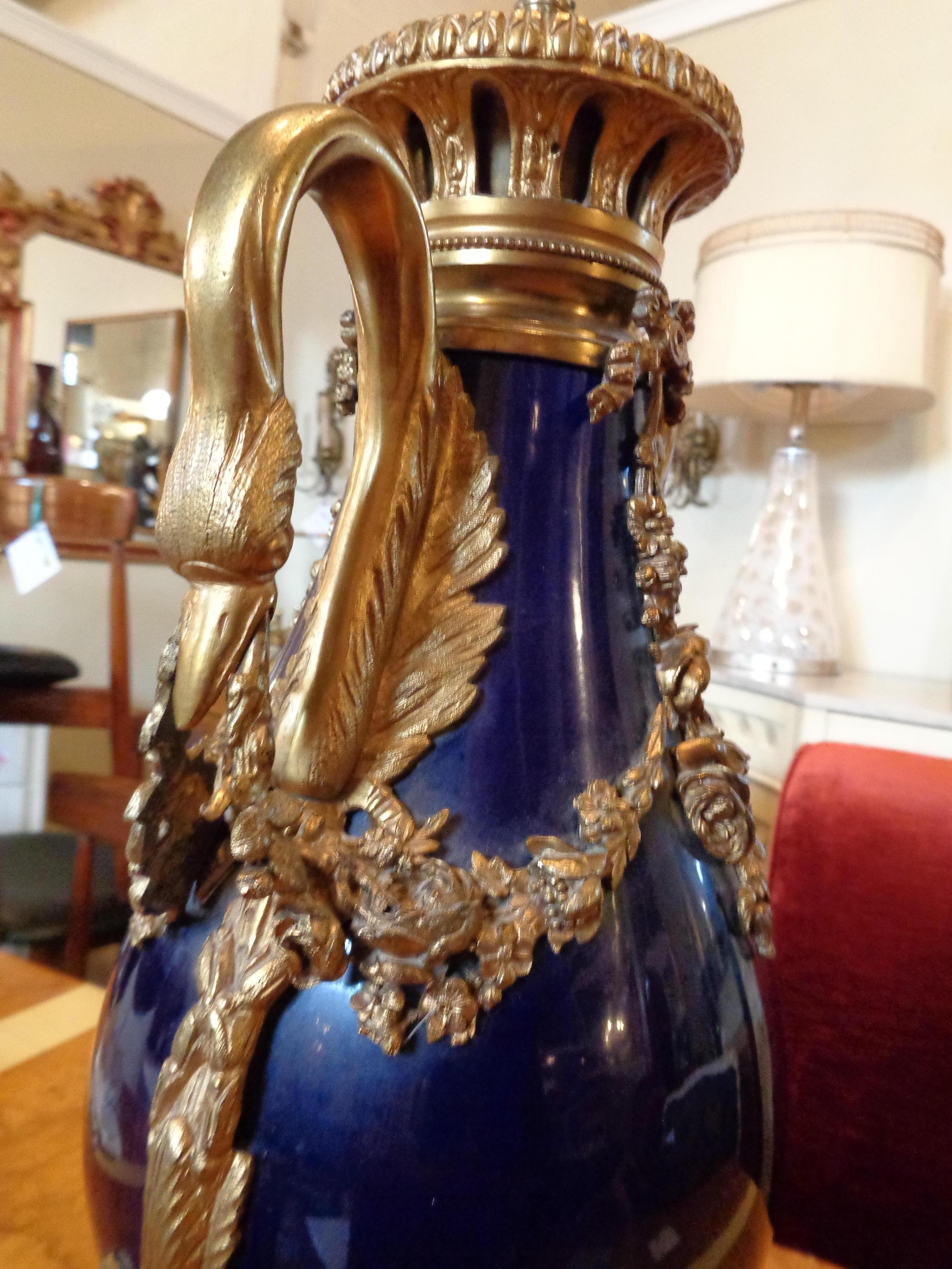 20th Century Sevres Style Cobalt Blue Porcelain & Bronze Swan Handle Urn Mounted as a Lamp For Sale