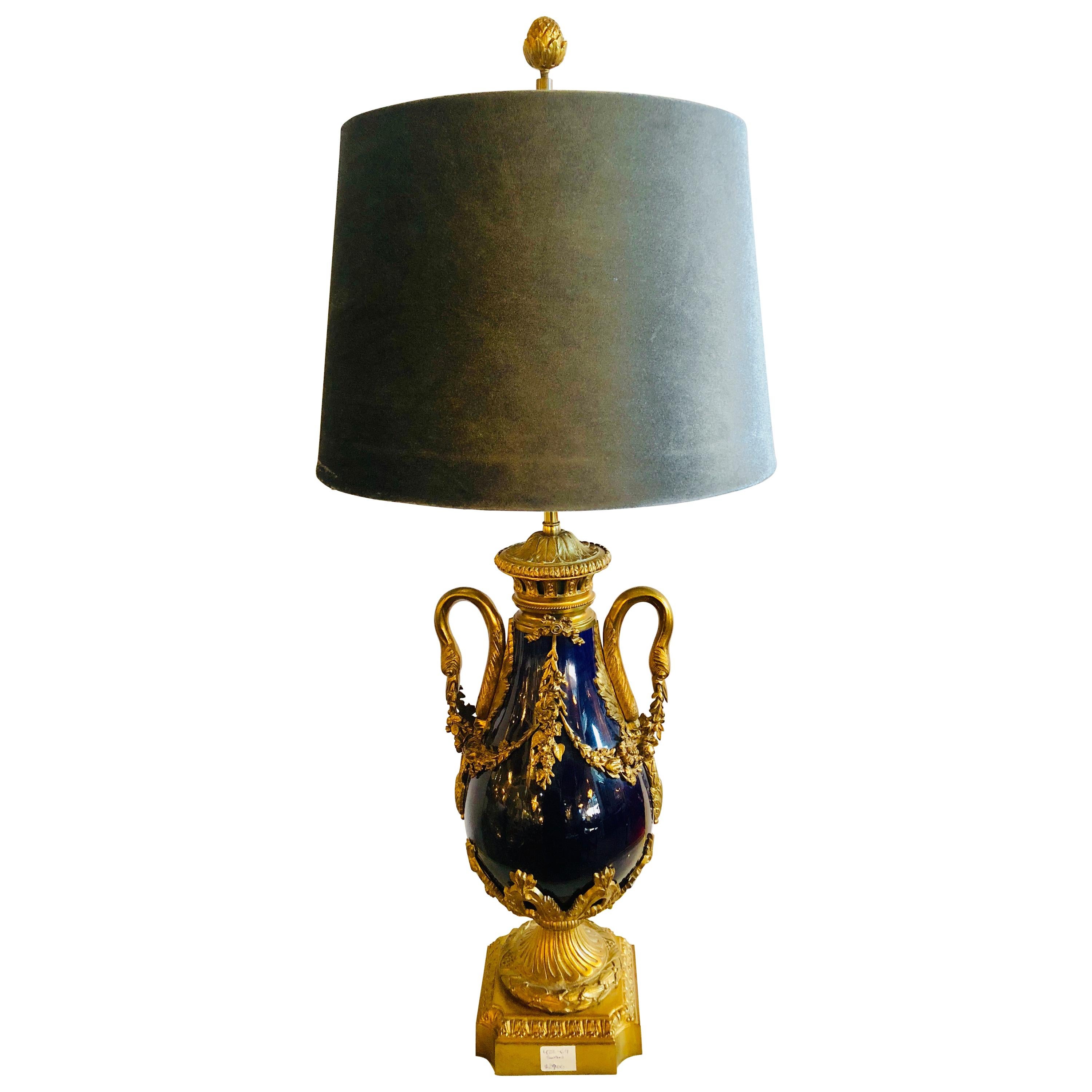 Sevres Style Cobalt Blue Porcelain & Bronze Swan Handle Urn Mounted as a Lamp For Sale
