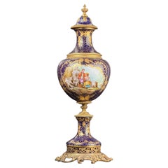 Sèvres Style Cobalt Blue Porcelain Covered Vase with Gilt Decoration, 20.5 in