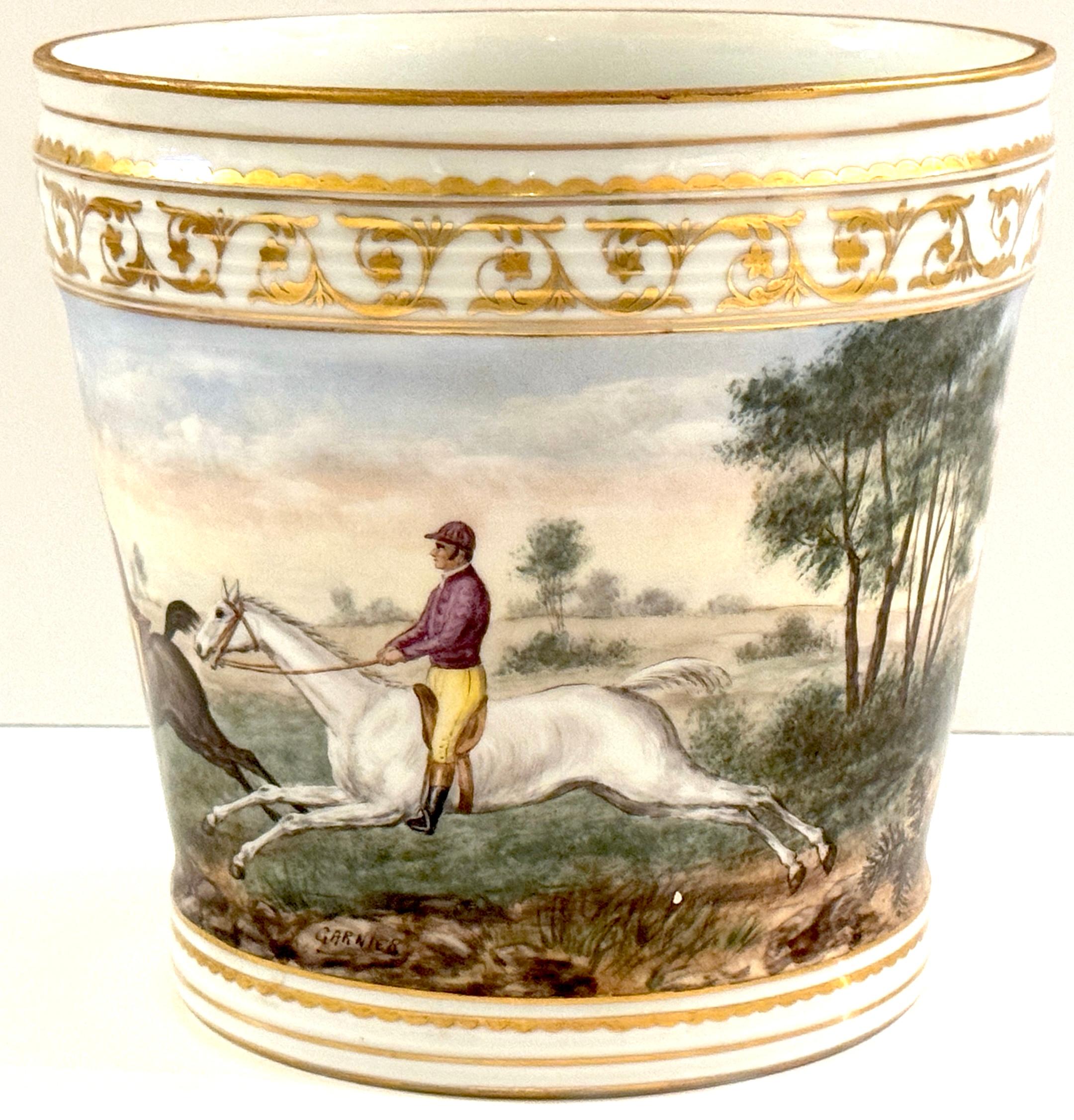 Hand-Painted Sevres Style Equestrian/ Horse Race Cachepot, Signed 'Garnier'