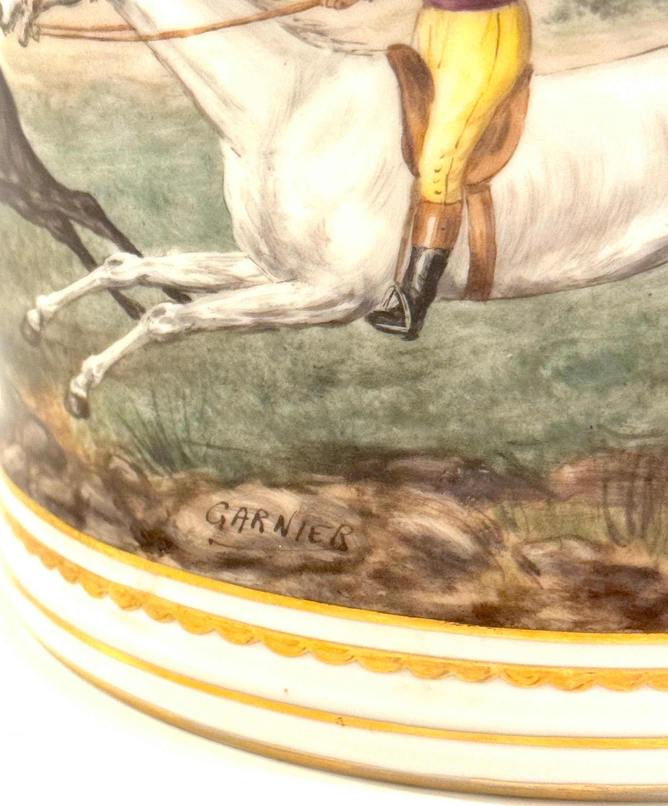 20th Century Sevres Style Equestrian/ Horse Race Cachepot, Signed 'Garnier'