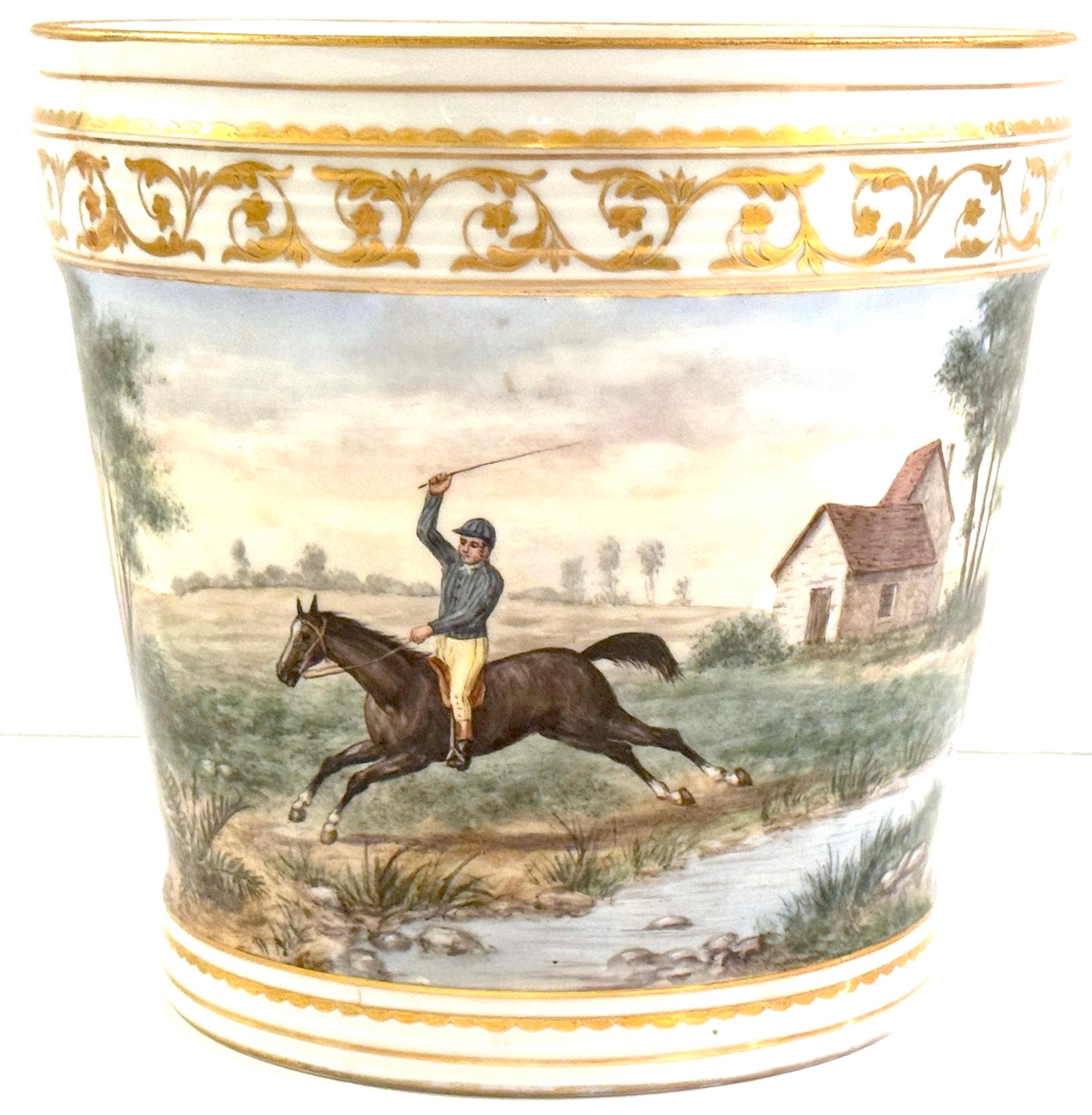 Porcelain Sevres Style Equestrian/ Horse Race Cachepot, Signed 'Garnier'