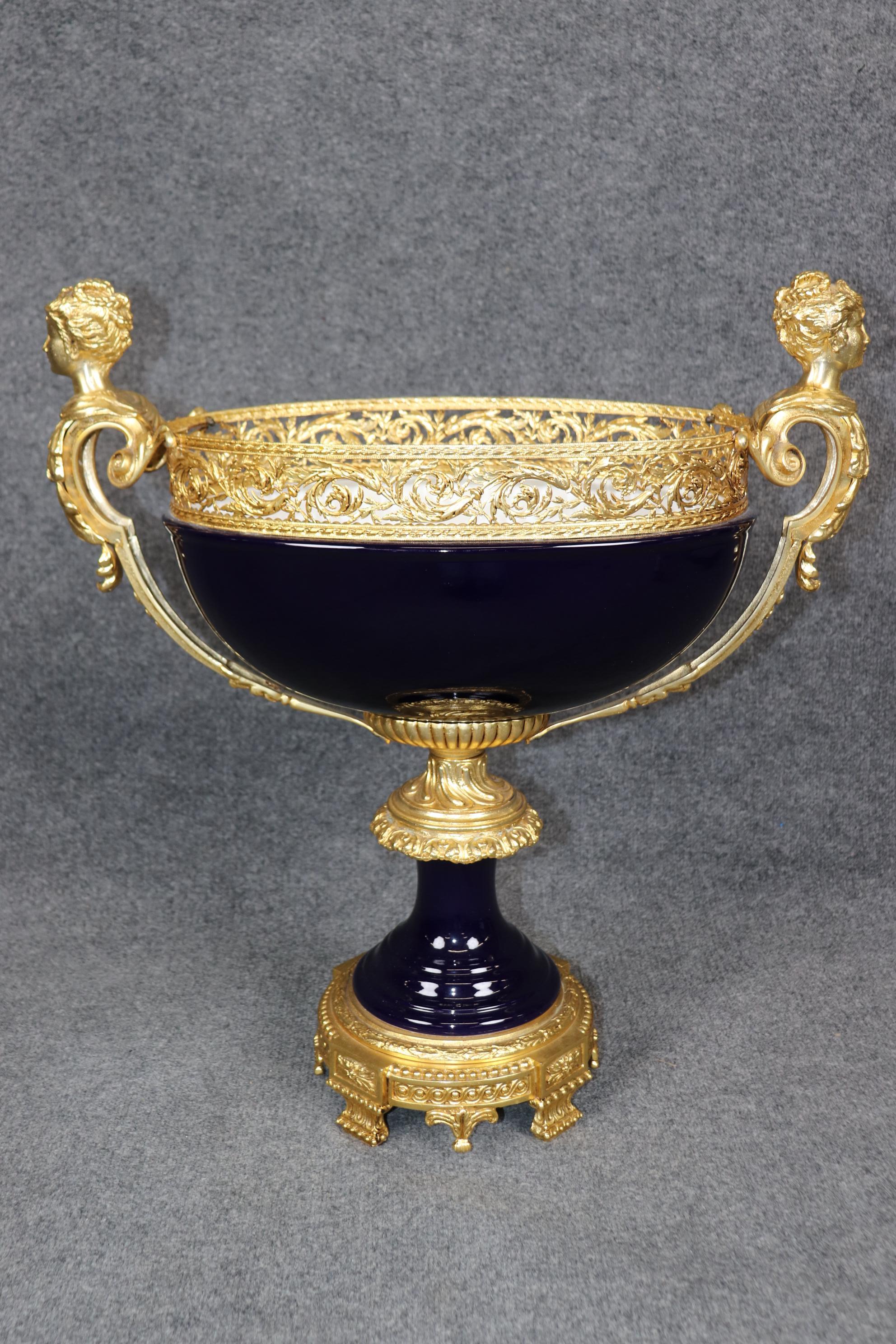 Sevres Style Figural Royal Blue Porcelain and Dore' Gilt Bronze Centerpiece For Sale 4
