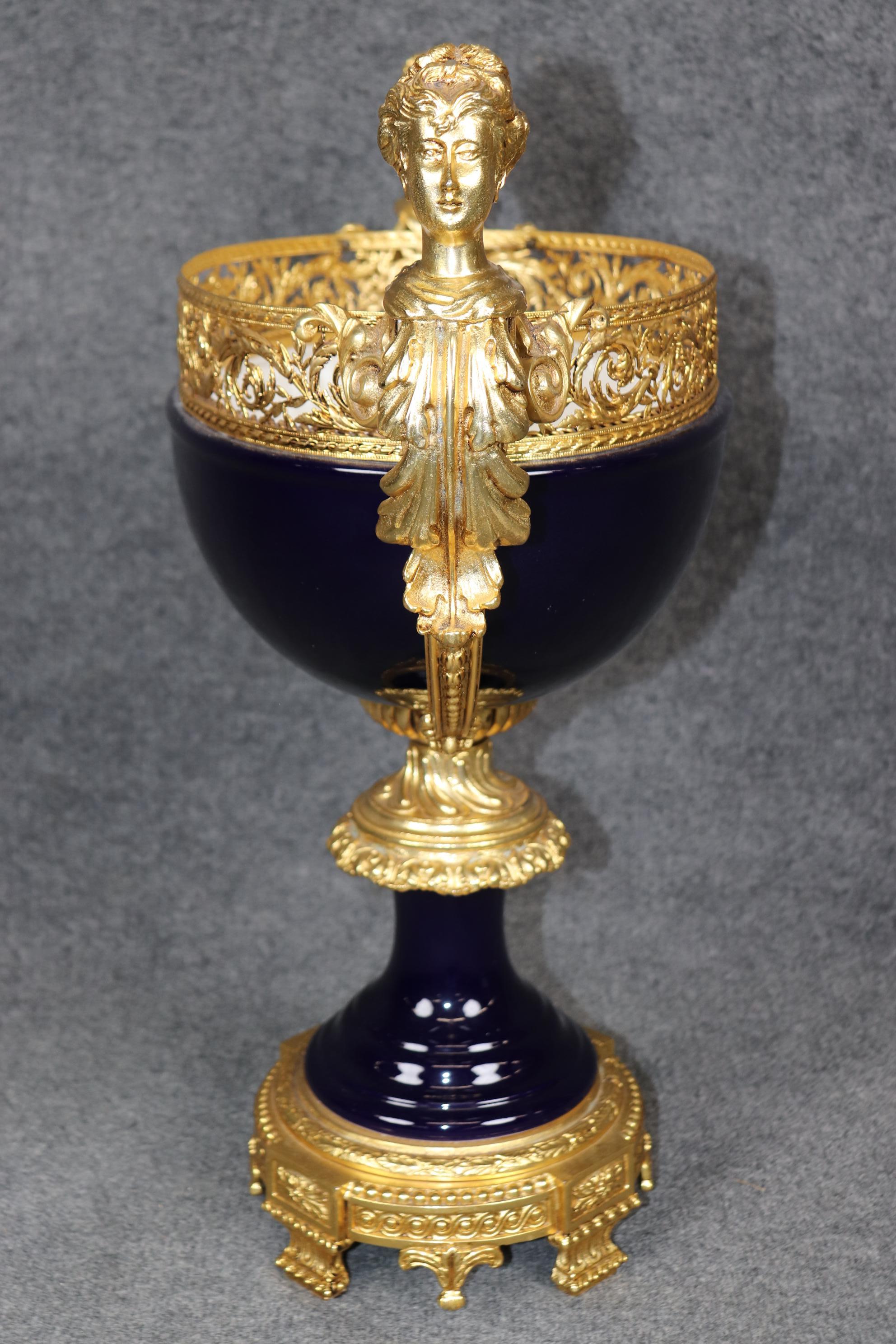 Sevres Style Figural Royal Blue Porcelain and Dore' Gilt Bronze Centerpiece For Sale 5