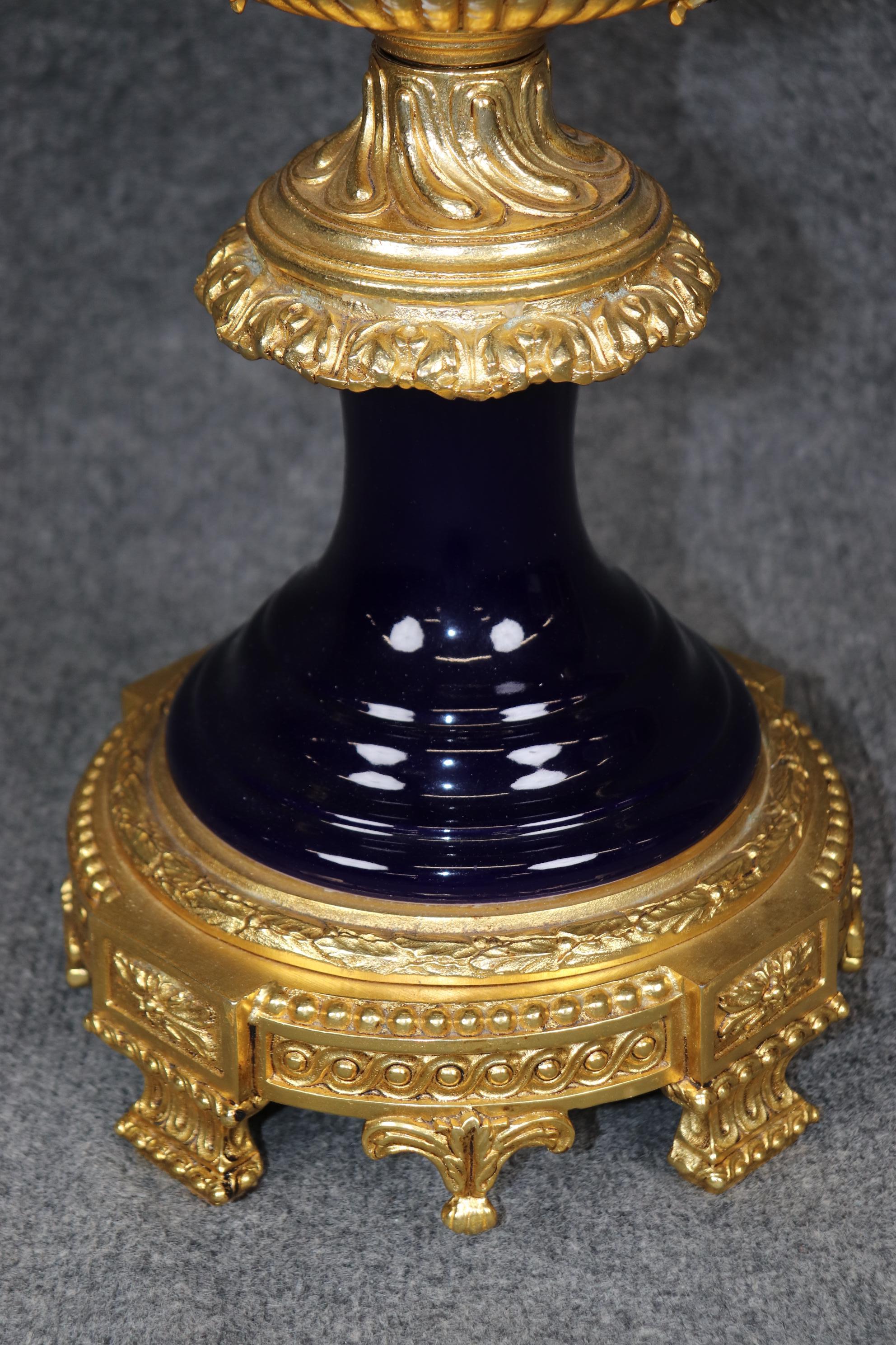 Sevres Style Figural Royal Blue Porcelain and Dore' Gilt Bronze Centerpiece For Sale 6
