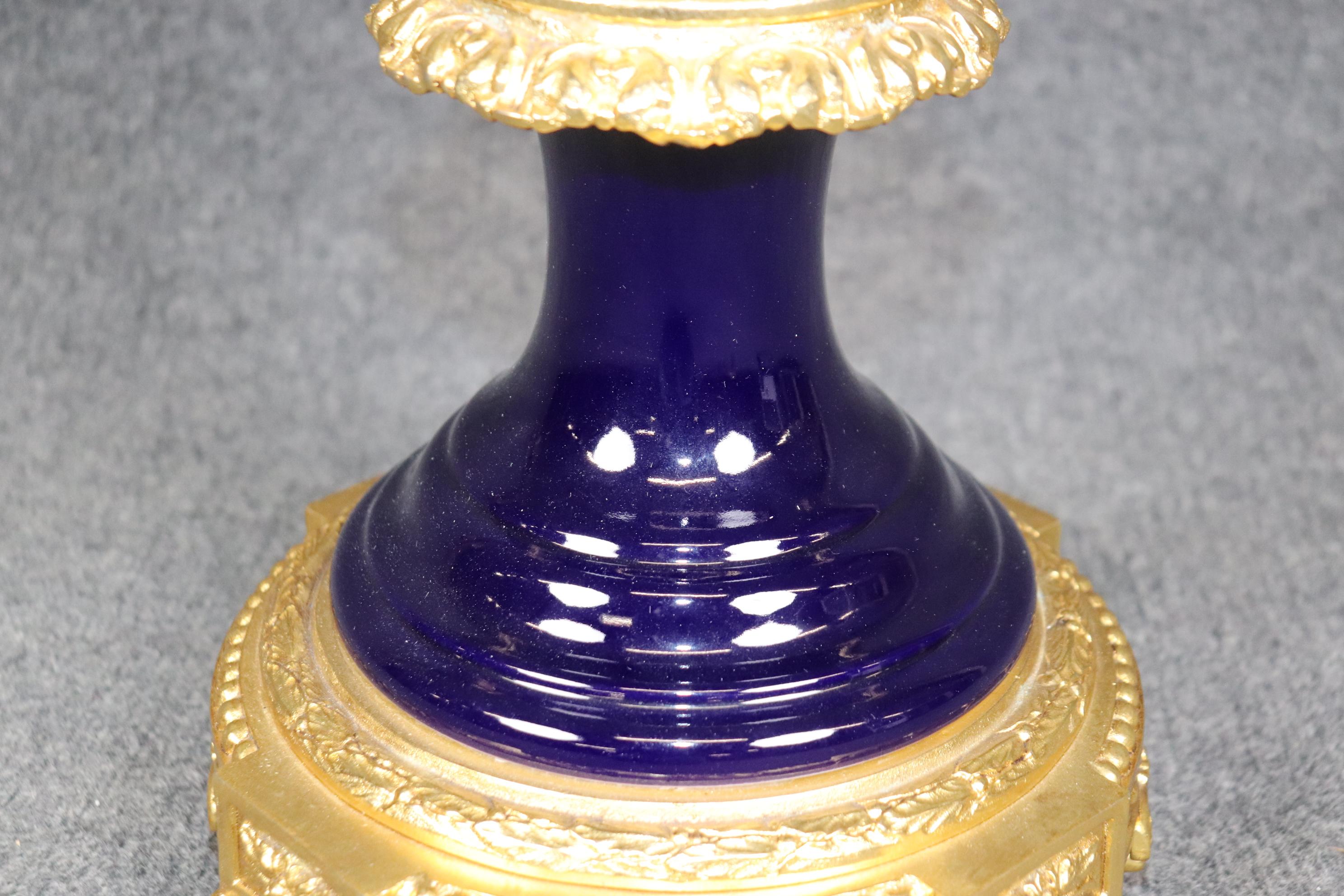 Sevres Style Figural Royal Blue Porcelain and Dore' Gilt Bronze Centerpiece For Sale 10