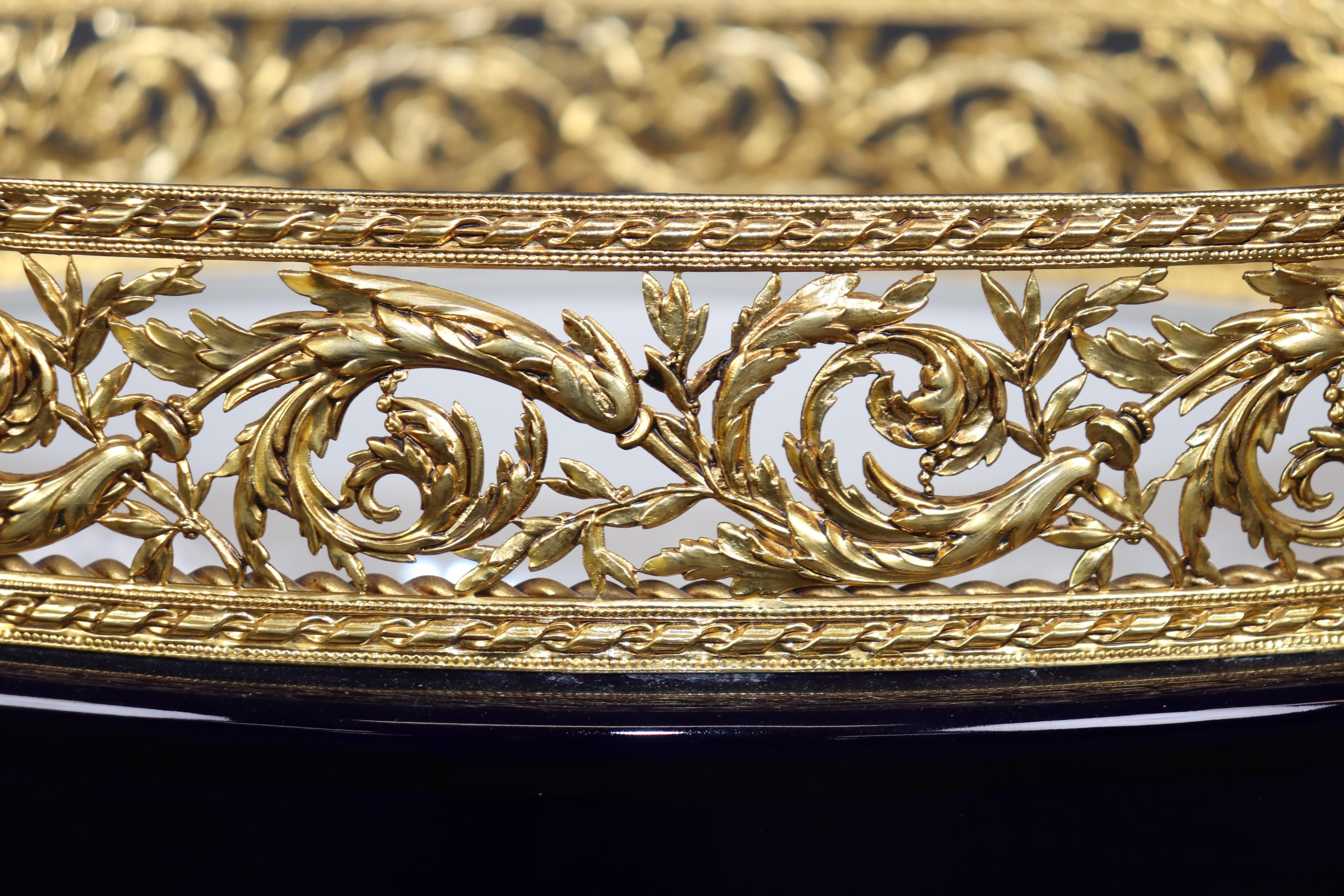 French Sevres Style Figural Royal Blue Porcelain and Dore' Gilt Bronze Centerpiece For Sale