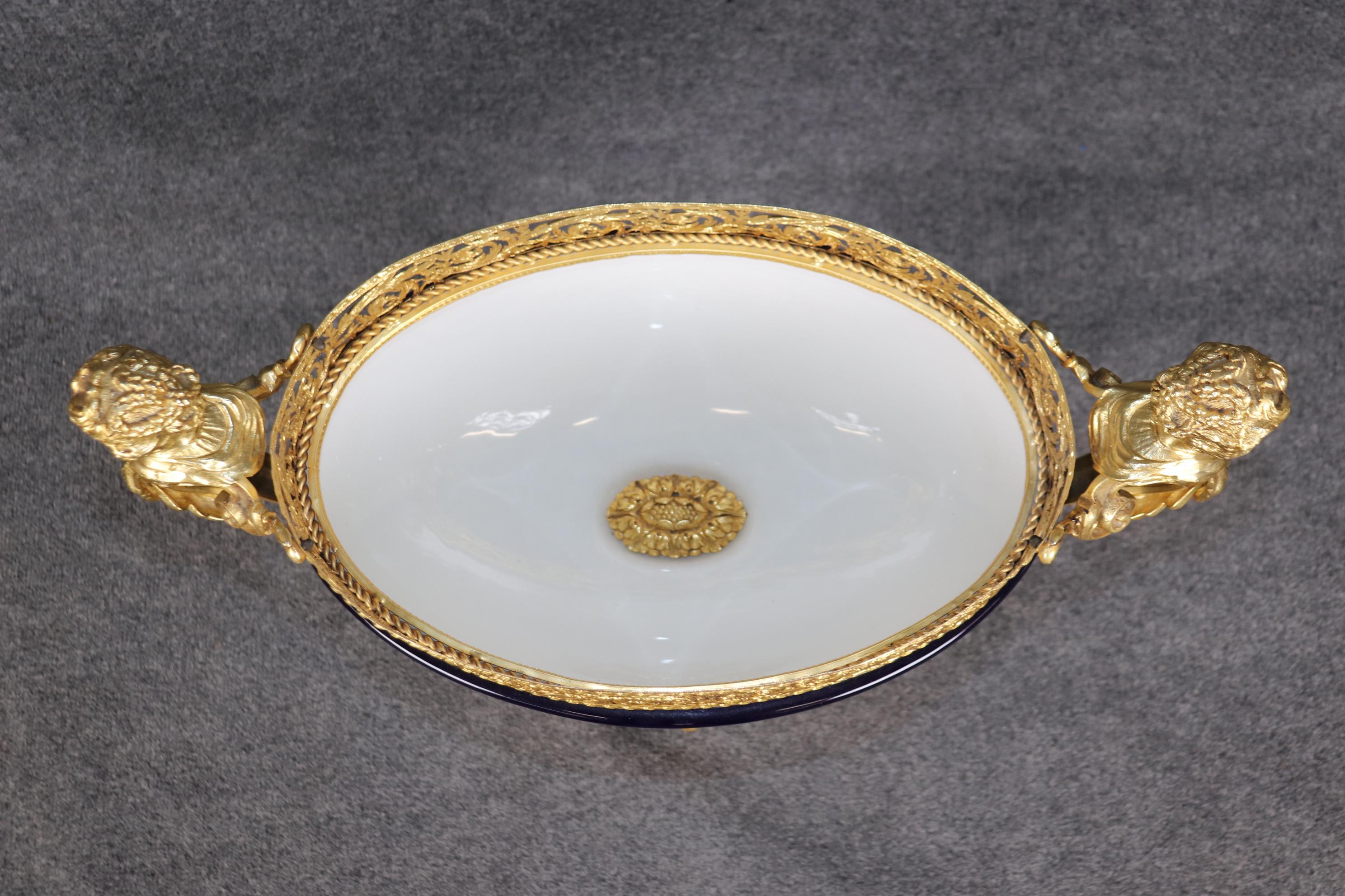 Sevres Style Figural Royal Blue Porcelain and Dore' Gilt Bronze Centerpiece In Good Condition For Sale In Swedesboro, NJ