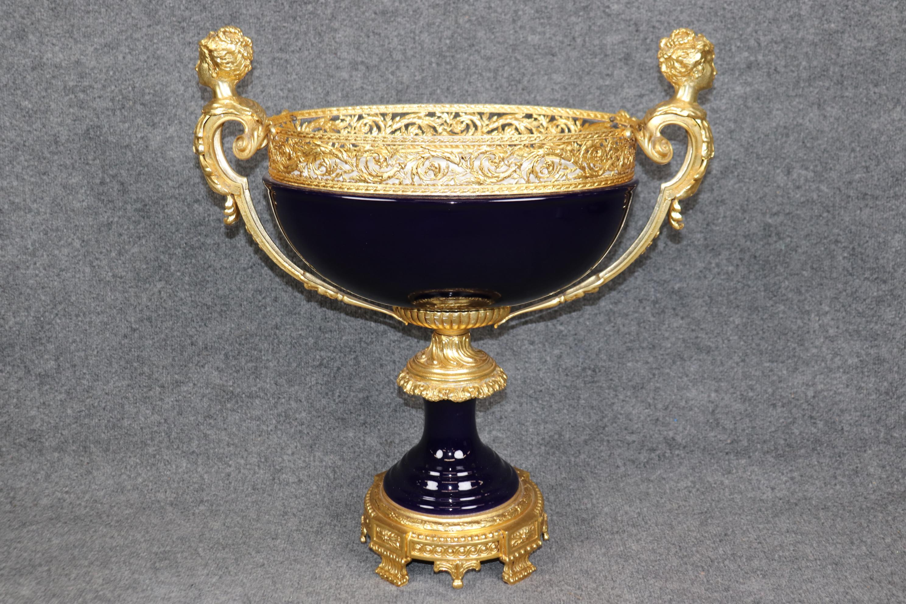 Sevres Style Figural Royal Blue Porcelain and Dore' Gilt Bronze Centerpiece For Sale 1