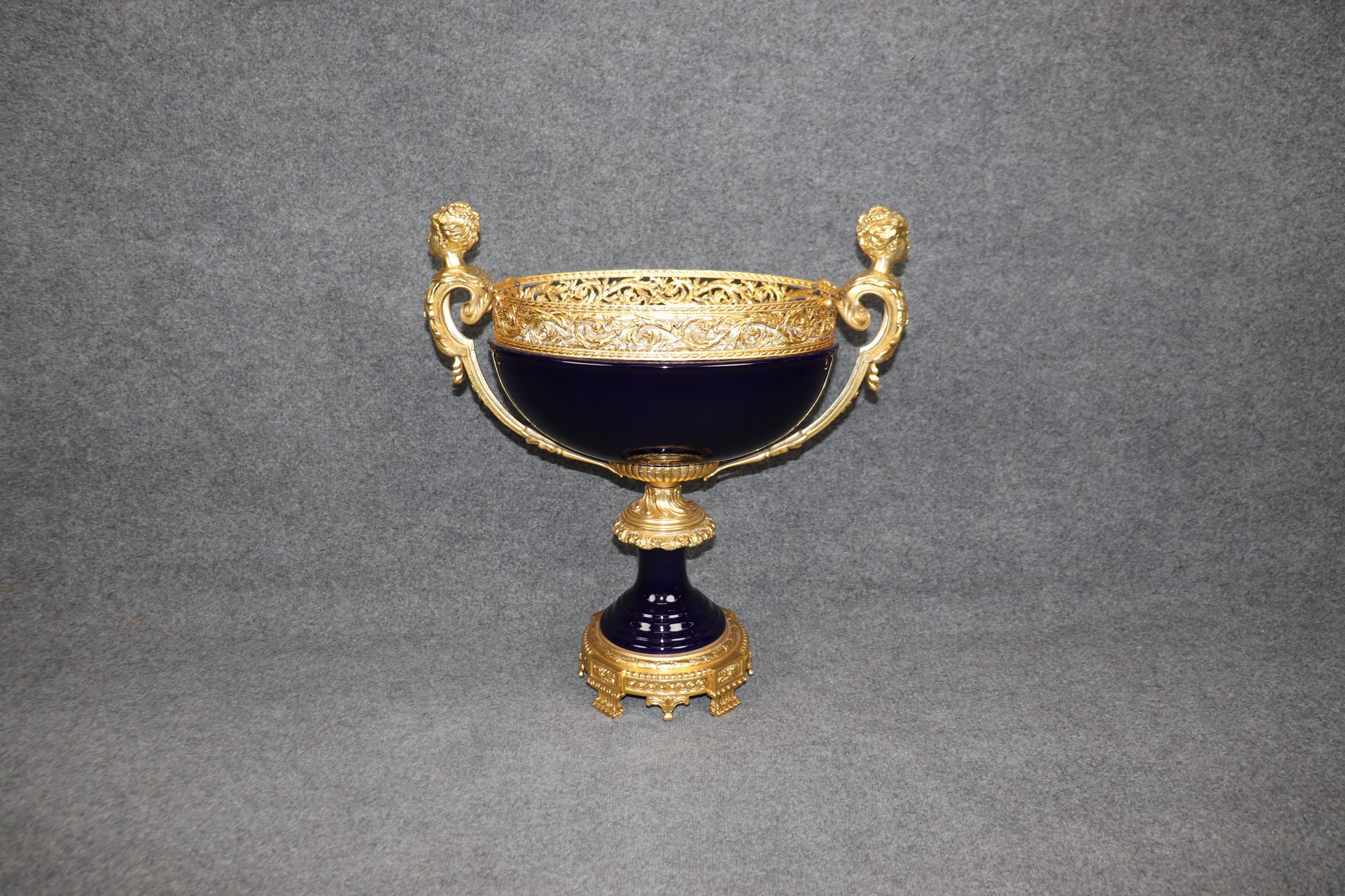 Sevres Style Figural Royal Blue Porcelain and Dore' Gilt Bronze Centerpiece For Sale 2