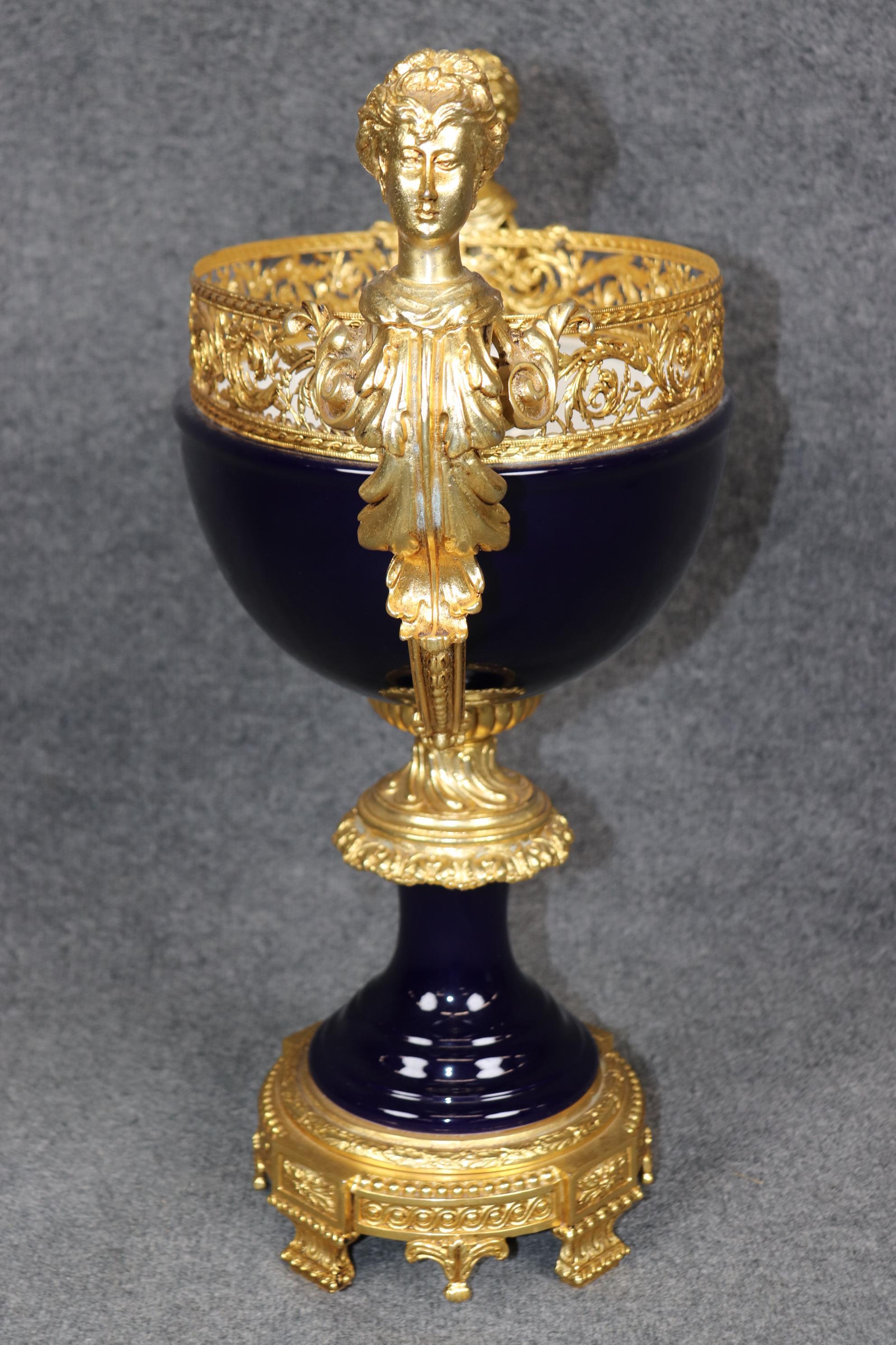 Sevres Style Figural Royal Blue Porcelain and Dore' Gilt Bronze Centerpiece For Sale 3