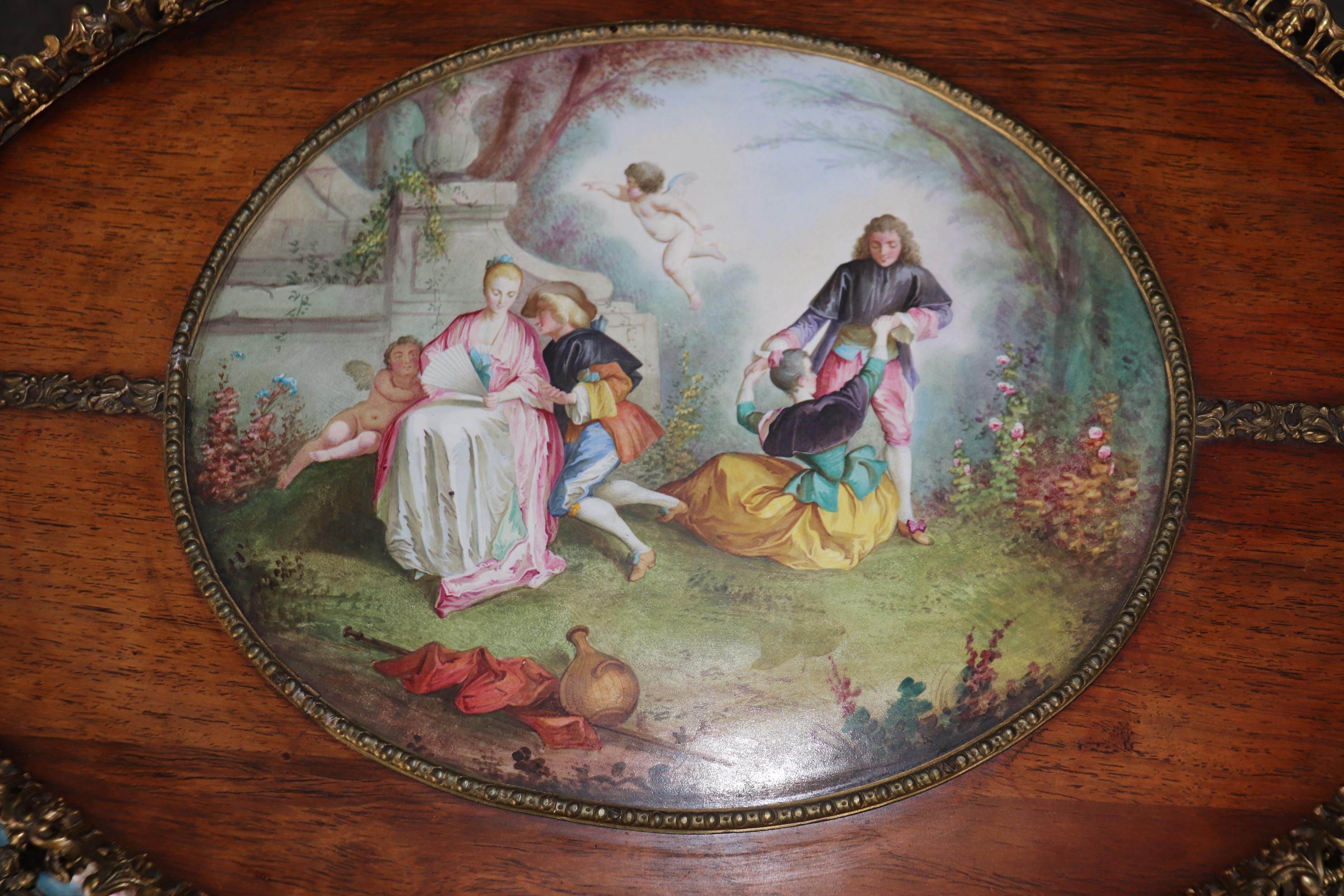 French Sevres Style Figural Scenery Plaques Napolean III Style Bronze Mounted Table For Sale