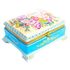 Vintage Sevres Style Gilded Celeste Light Blue Porcelain Jewellery Casket Late 20th C