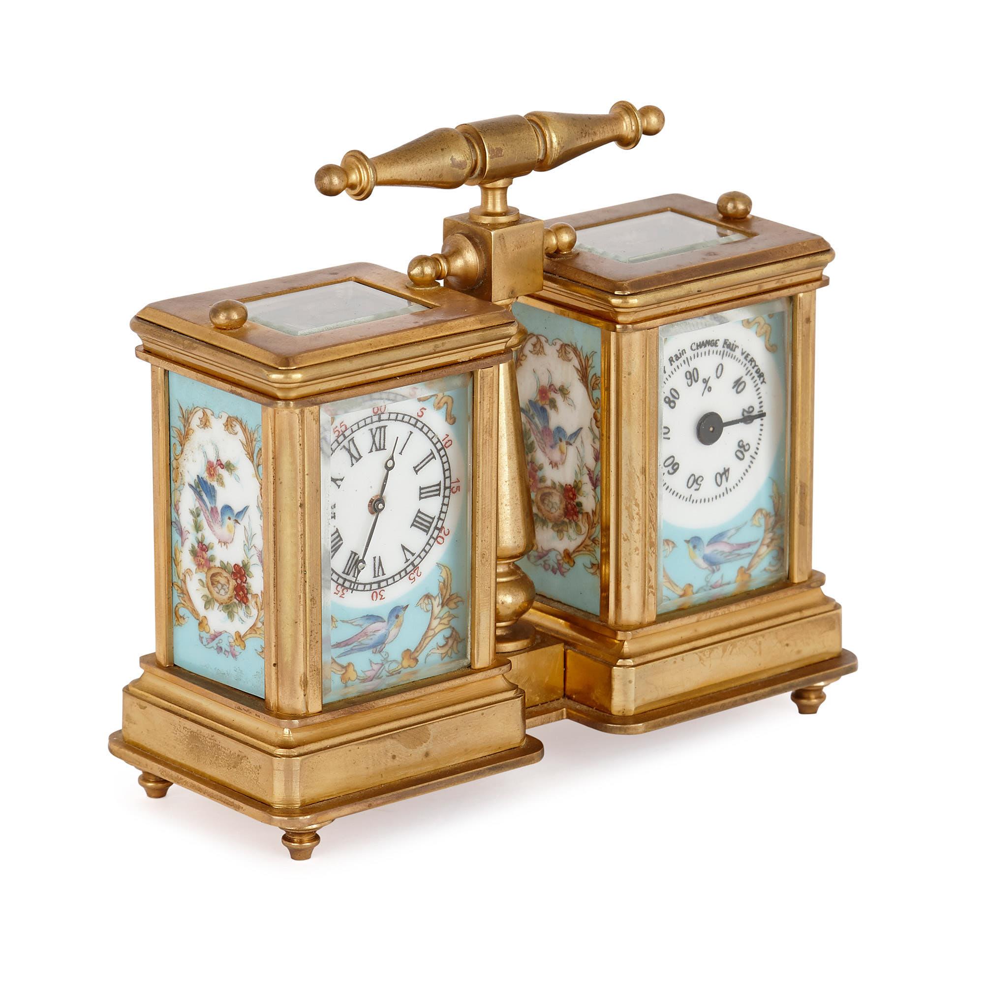 This clock and barometer carriage set is a unique and historic piece of design, which would originally have been used to keep time and monitor the weather while travelling. The pair will look beautiful placed on a mantelpiece, side or dressing